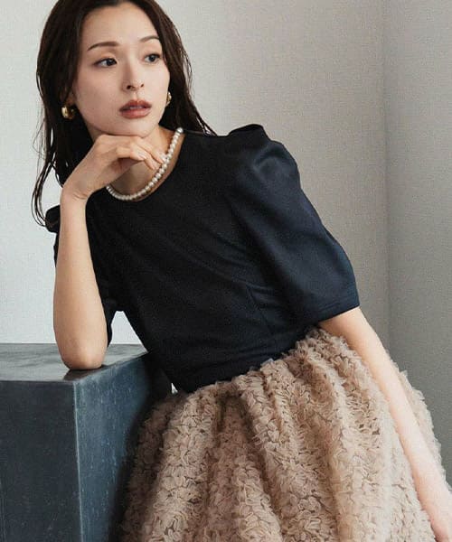 フラワーレース襟付きパフスリーブコクーンシルエットワンピースドレス