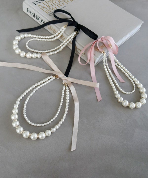 結婚式・お呼ばれ対応 | リボン＆パールネックレス - パーティードレス 