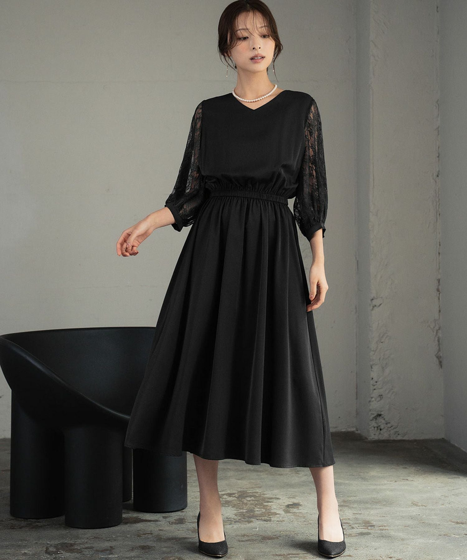 結婚式・お呼ばれ対応 | レーススリーブミモレ丈ワンピース