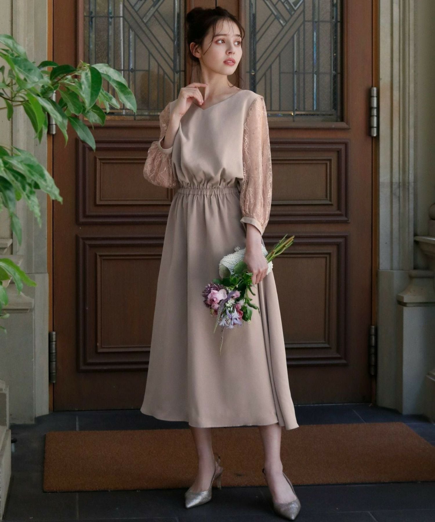 結婚式・お呼ばれ対応 | レーススリーブミモレ丈ワンピース