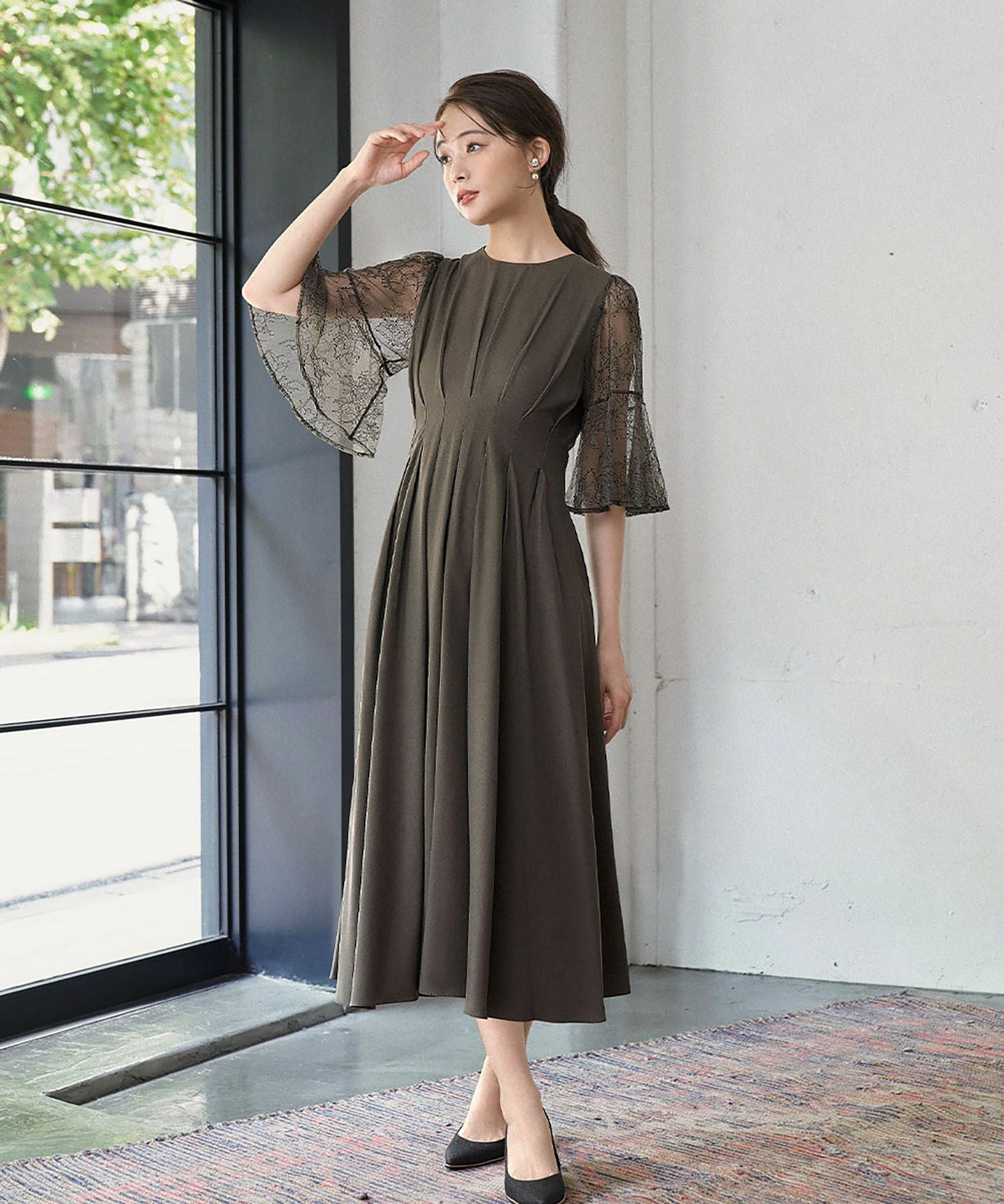 結婚式・お呼ばれ対応 |レース素材フレアスリーブXラインワンピース