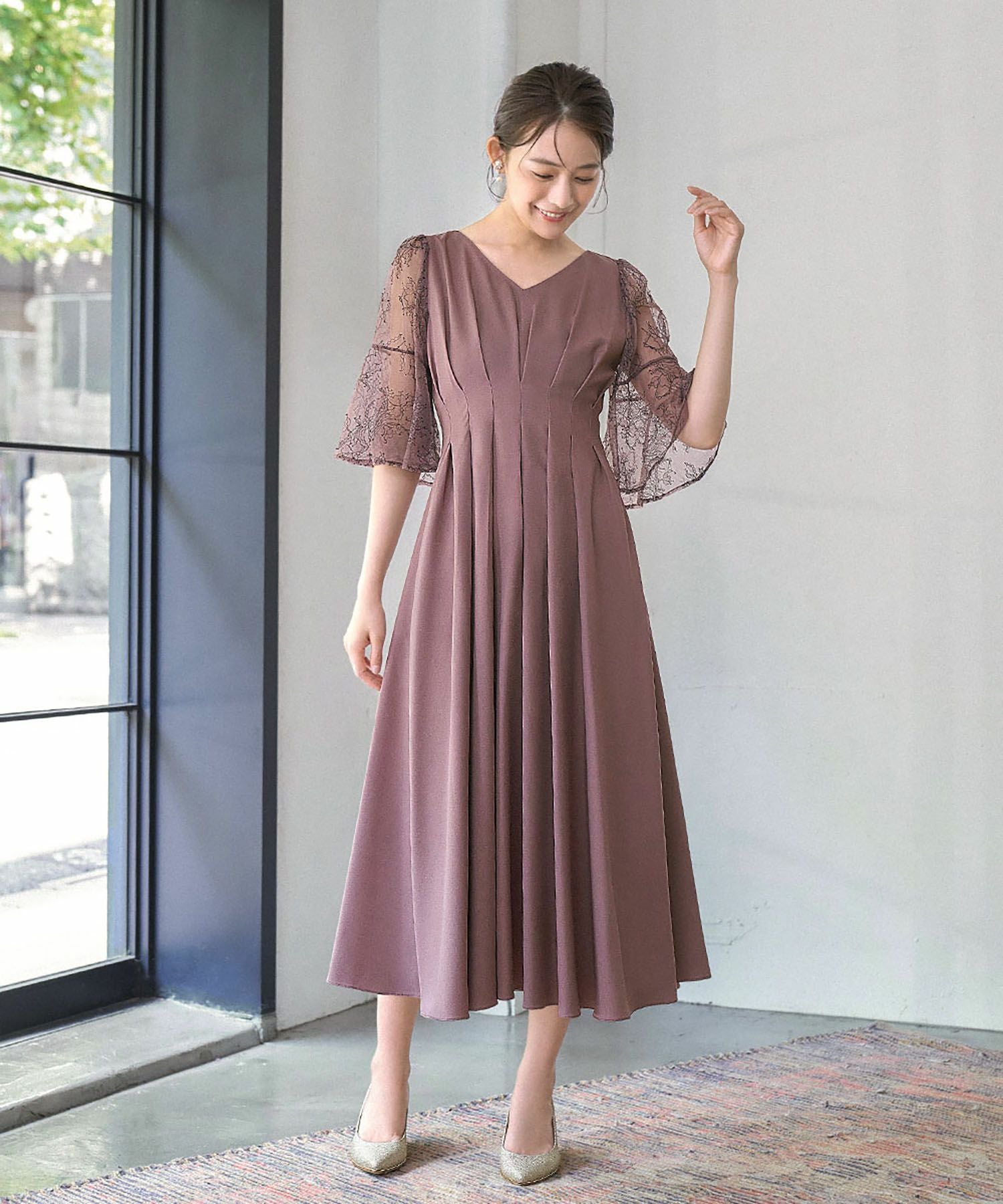 結婚式・お呼ばれ対応 |レース素材フレアスリーブXラインワンピース