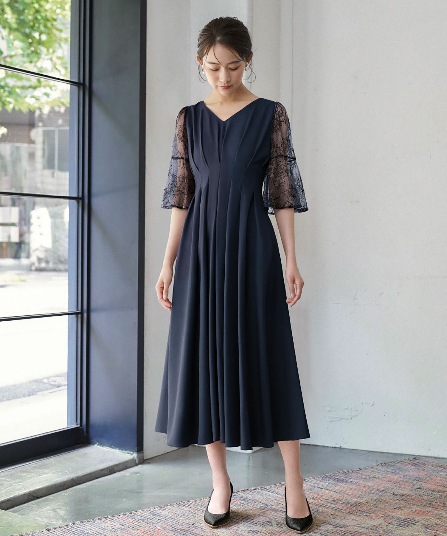 結婚式・お呼ばれ対応 |レース素材フレアスリーブXラインワンピース