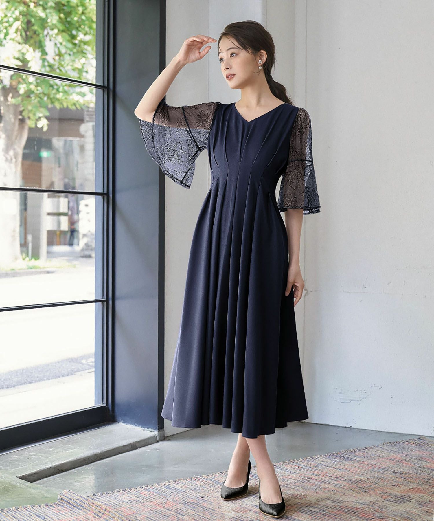 結婚式・お呼ばれ対応 |レース素材フレアスリーブXラインワンピース