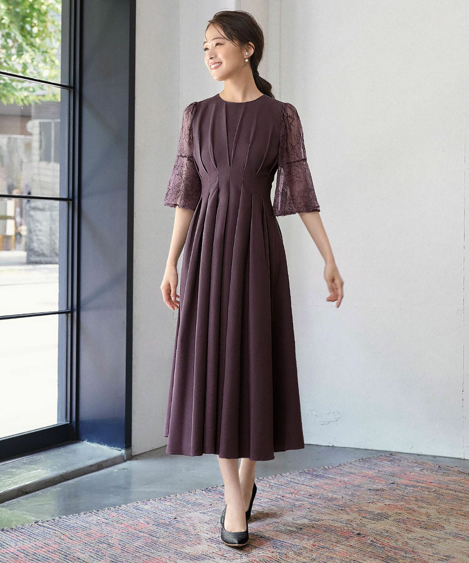 結婚式・お呼ばれ対応 |レース素材フレアスリーブXラインワンピース