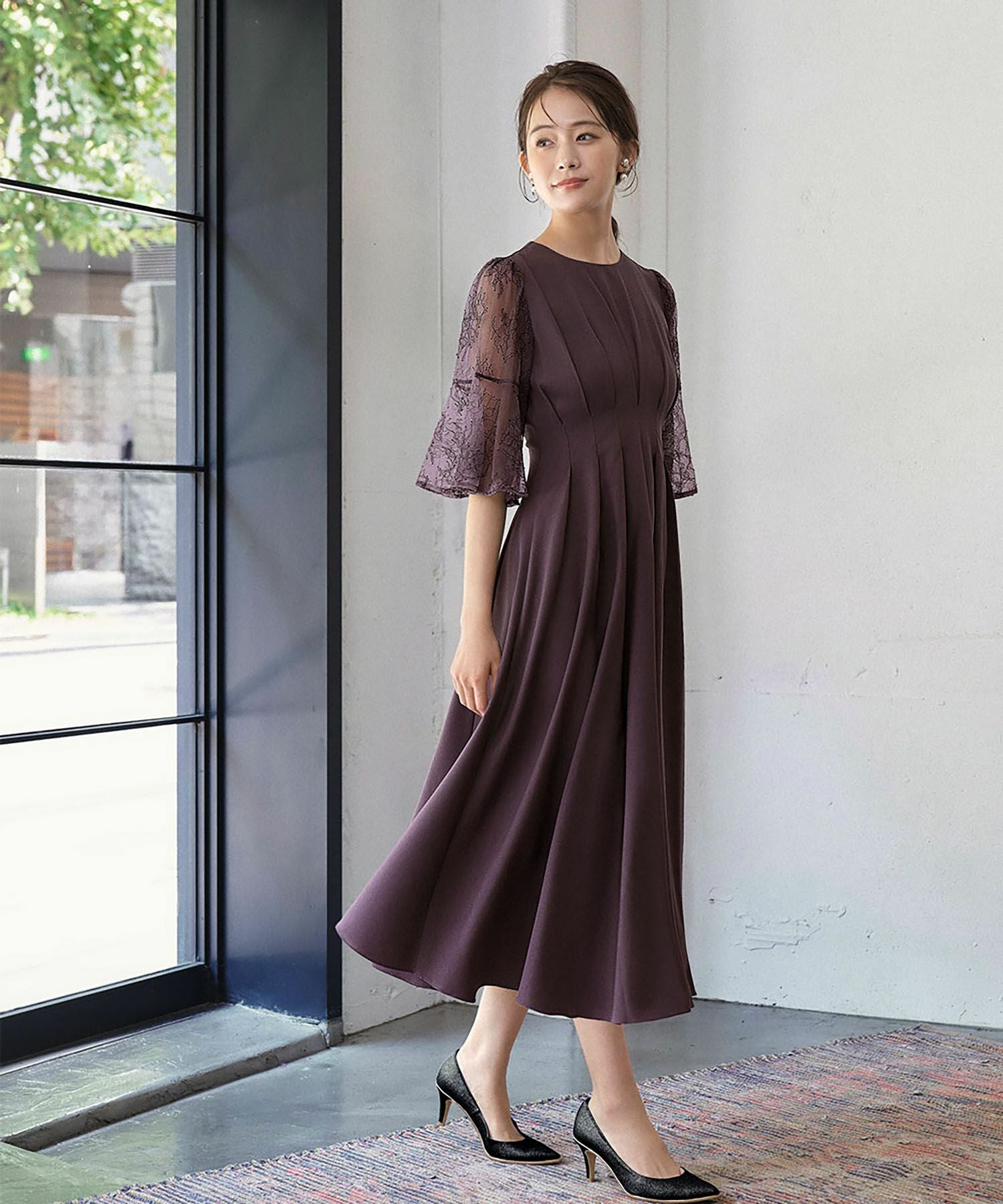 結婚式・お呼ばれ対応 |レース素材フレアスリーブXラインワンピース