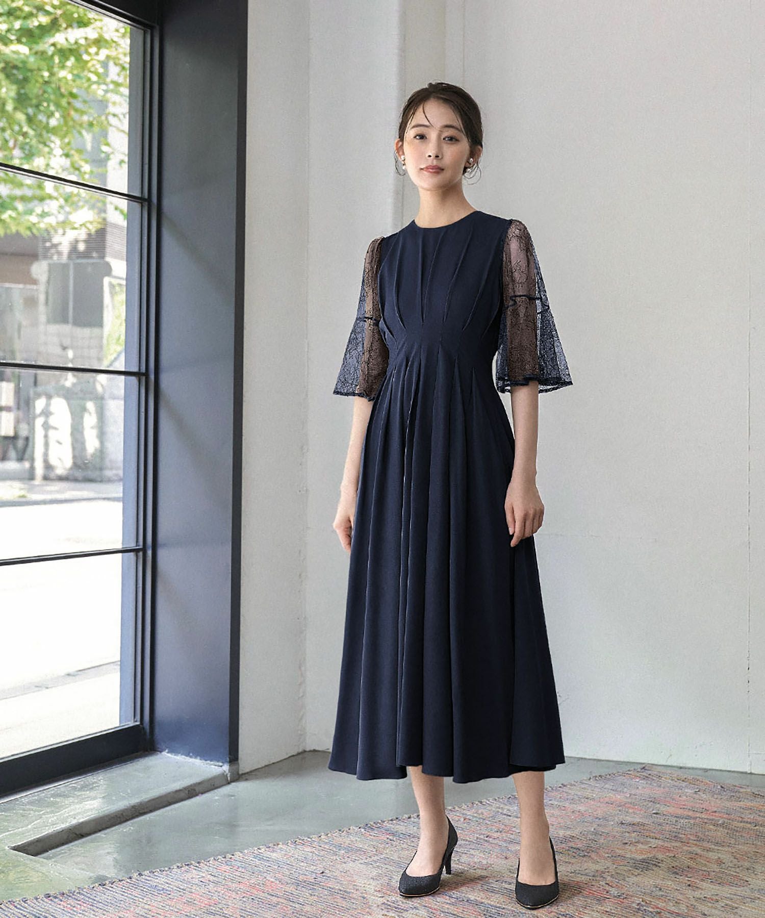 結婚式・お呼ばれ対応 |レース素材フレアスリーブXラインワンピース