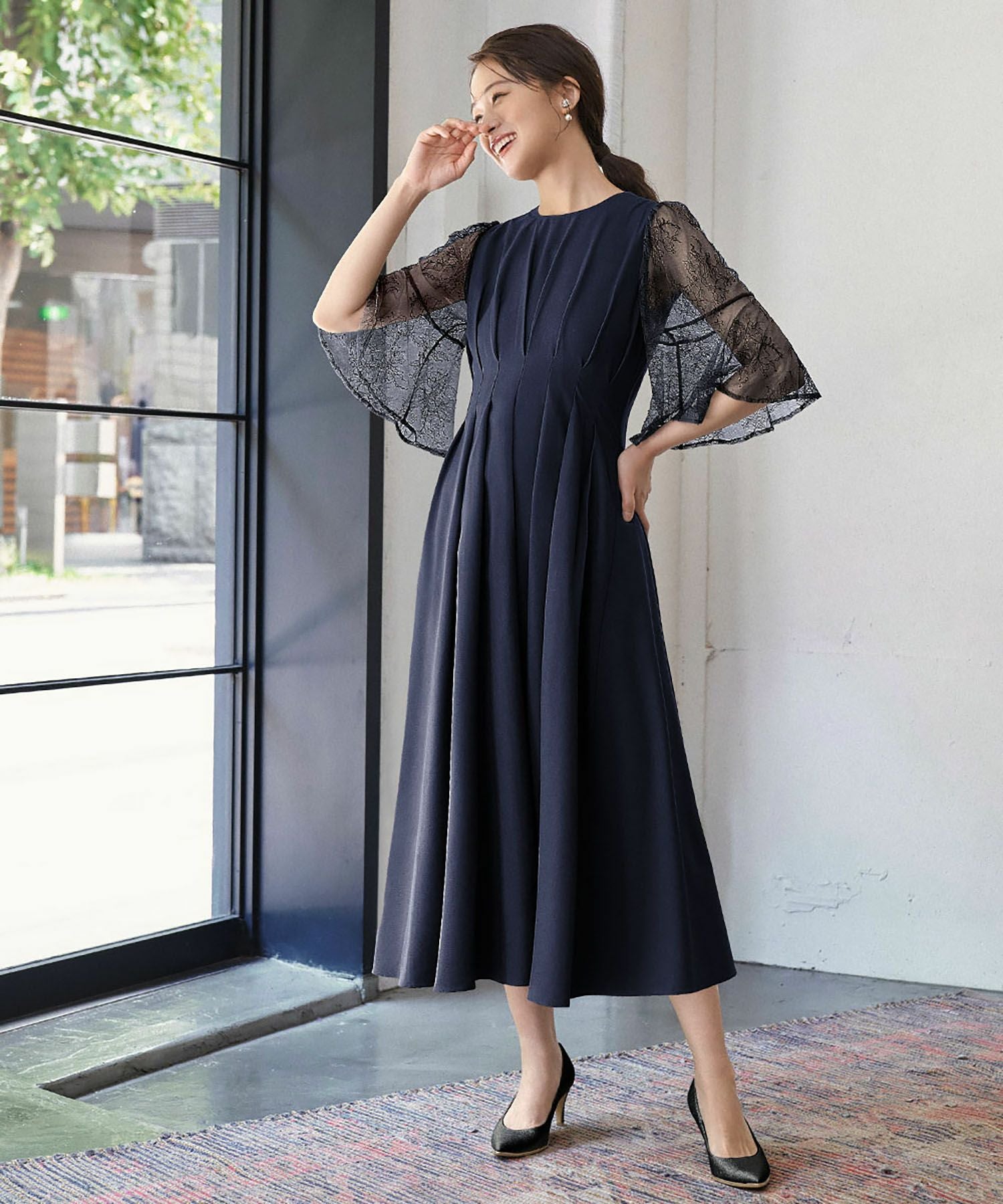 結婚式・お呼ばれ対応 |レース素材フレアスリーブXラインワンピース