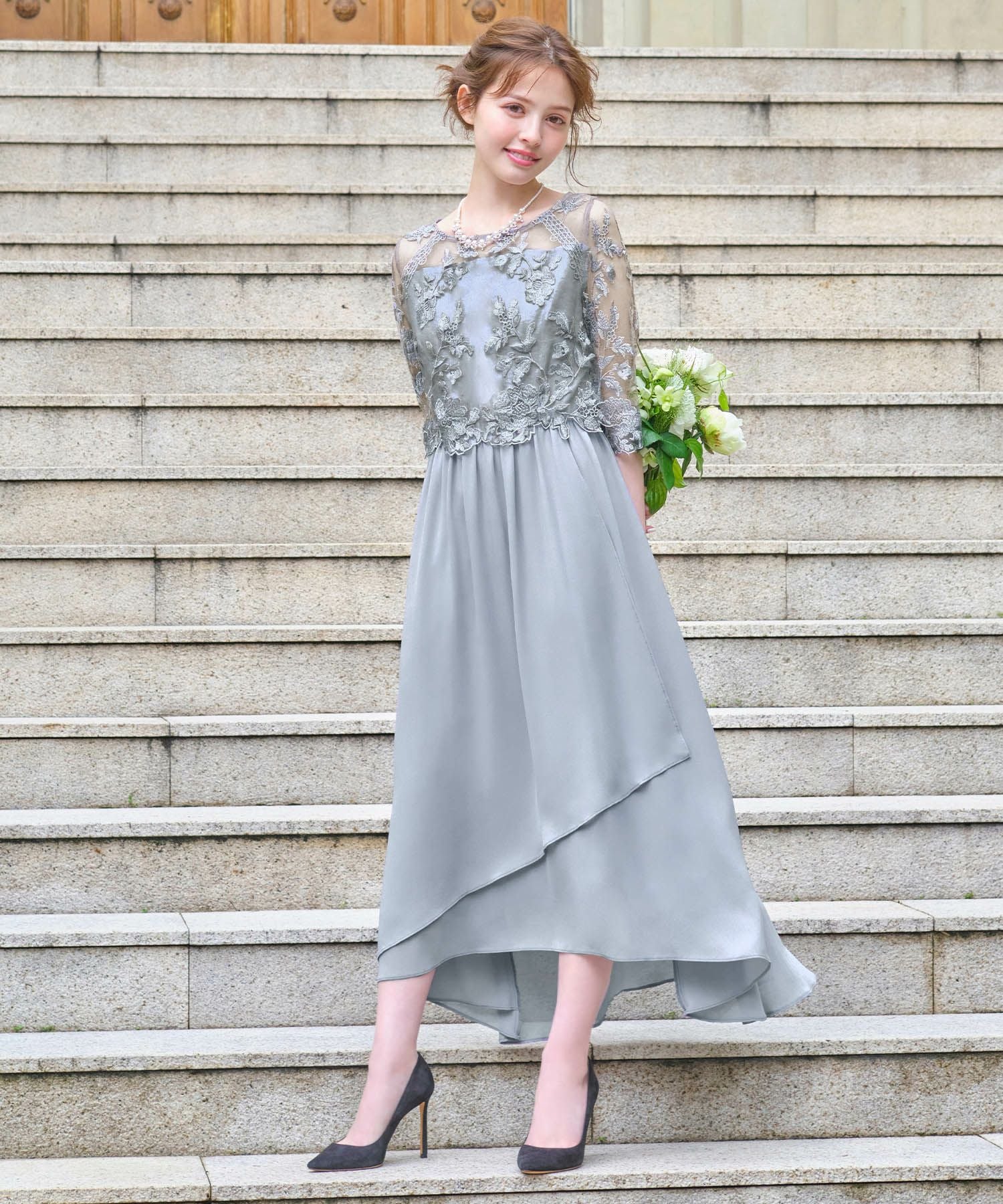 結婚式・お呼ばれ対応 | 刺繍レース切替えワンピース - パーティー