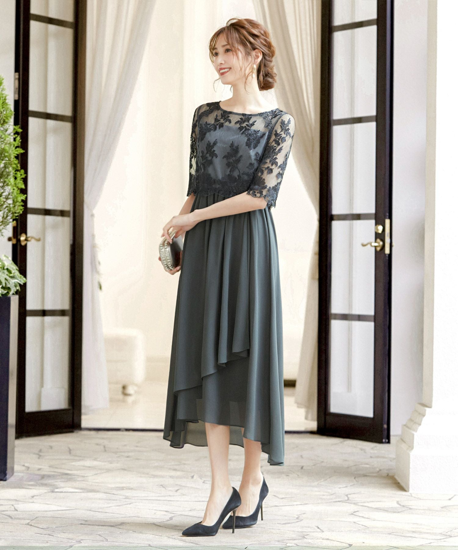 結婚式・お呼ばれ対応 | 刺繍レース切替えワンピース - パーティー