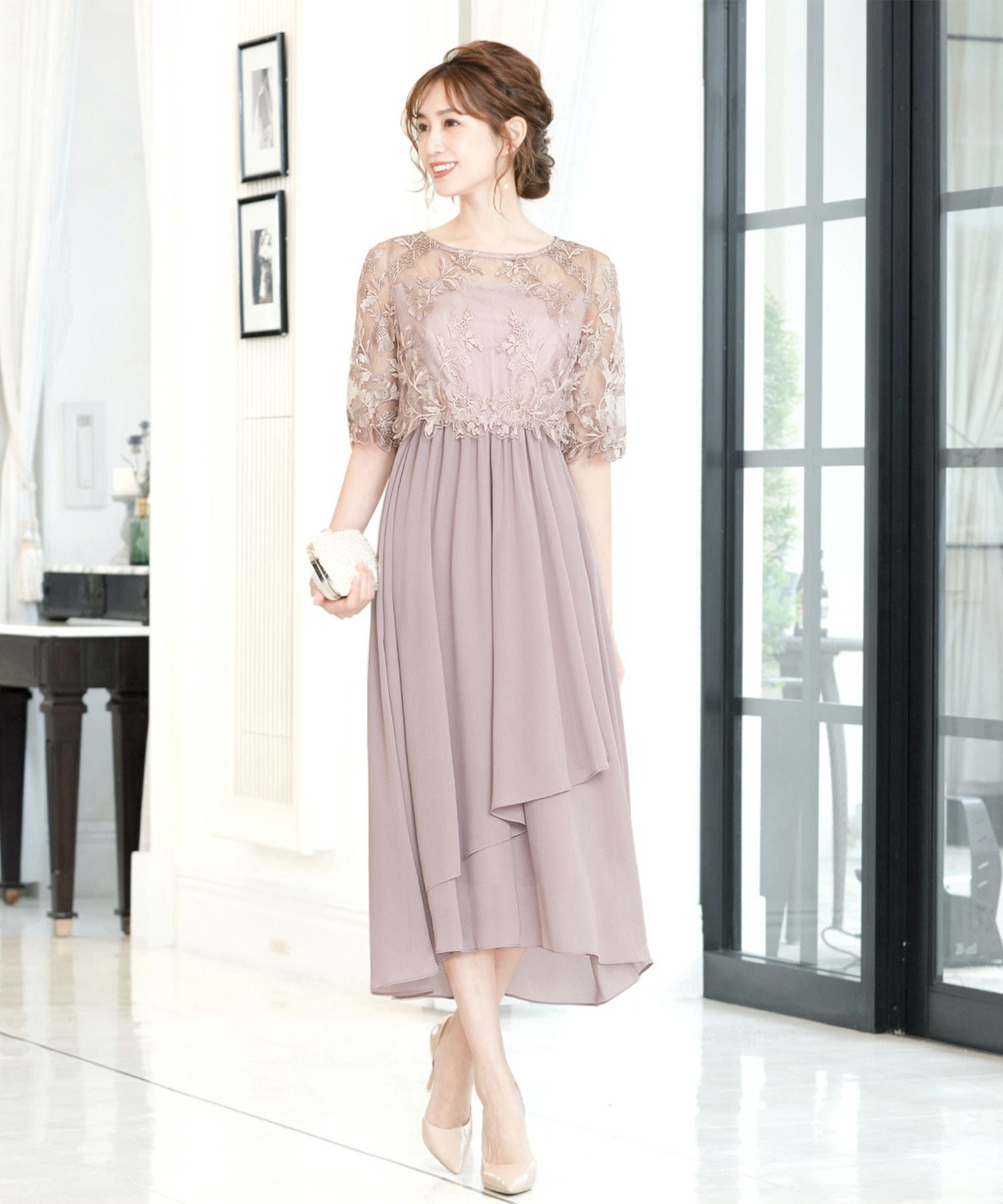 結婚式・お呼ばれ対応 | 刺繍レース切替えワンピース - パーティー