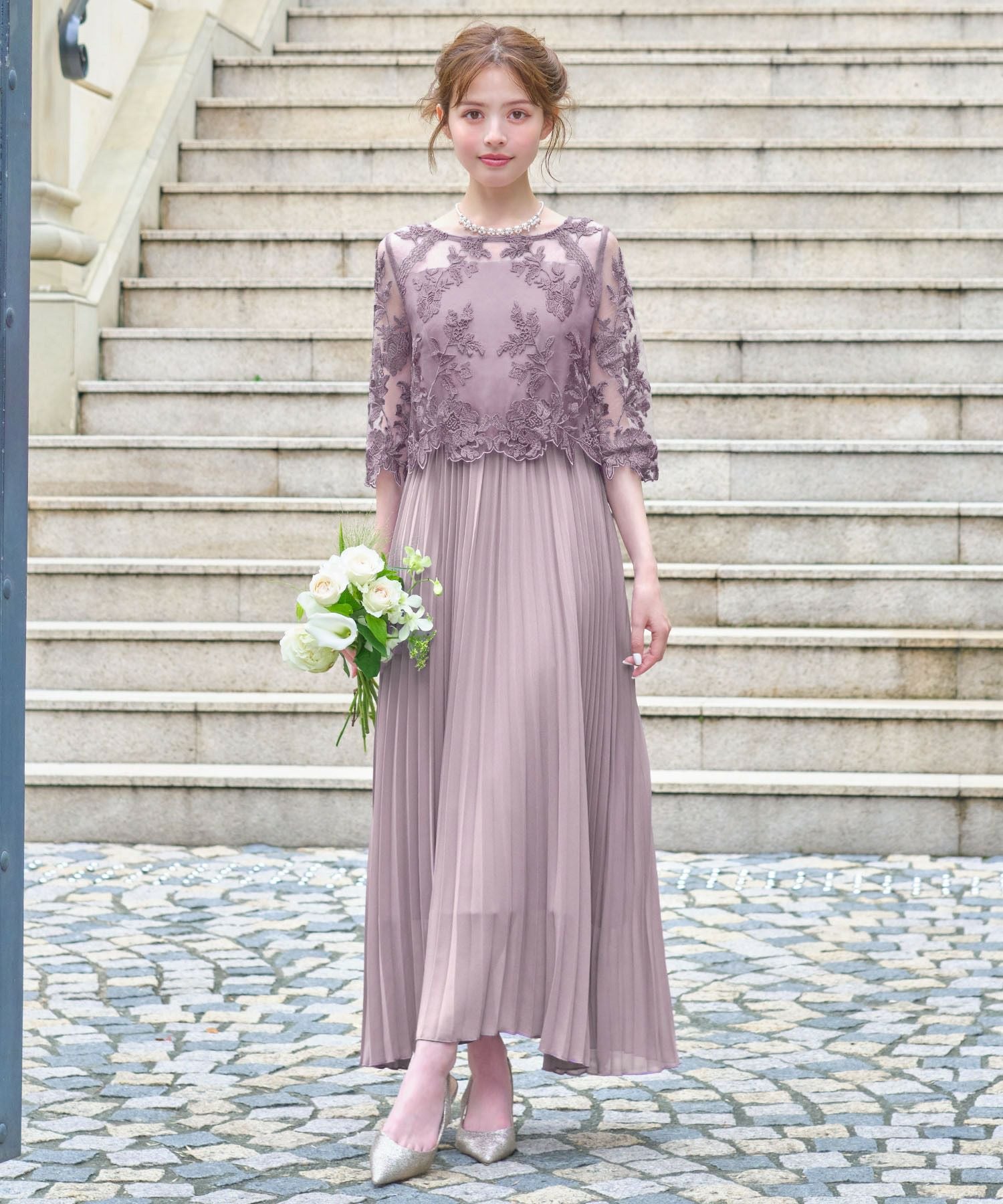 結婚式・お呼ばれ対応 |刺繍レースプリーツ結婚式ワンピース