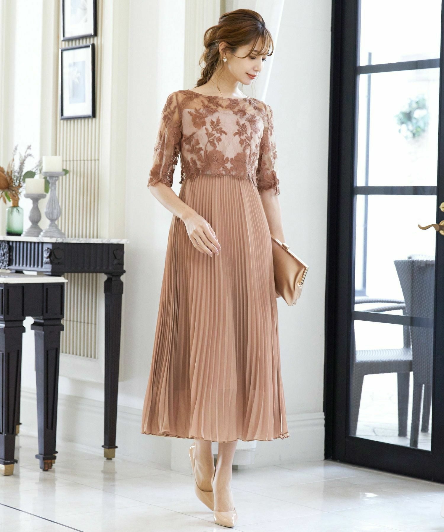 結婚式・お呼ばれ対応 |刺繍レースプリーツ結婚式ワンピース