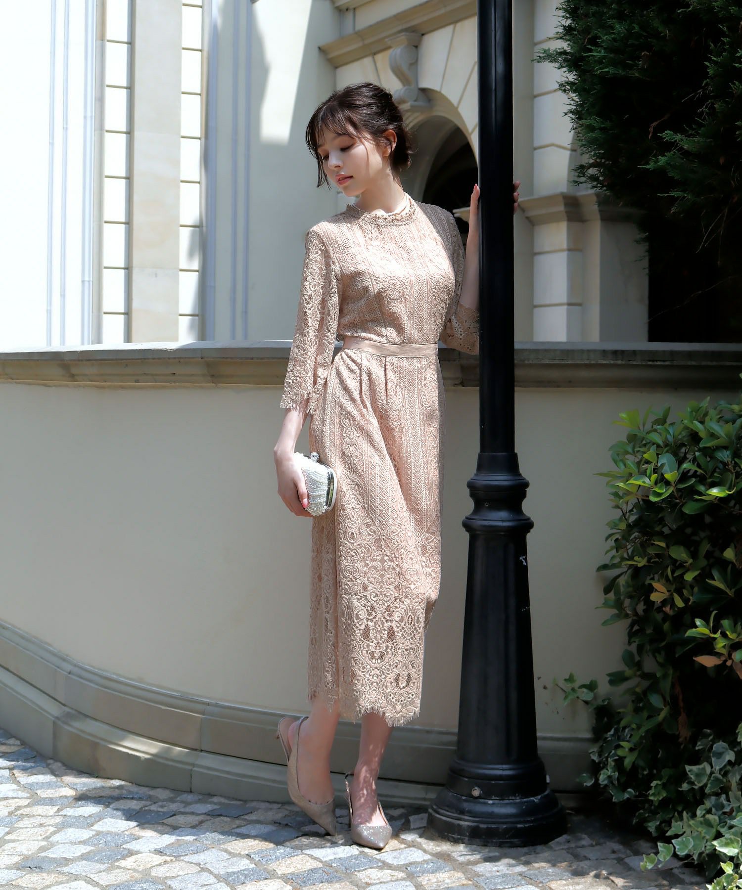 結婚式・お呼ばれ対応 | 総レースミモレ丈結婚式ワンピース