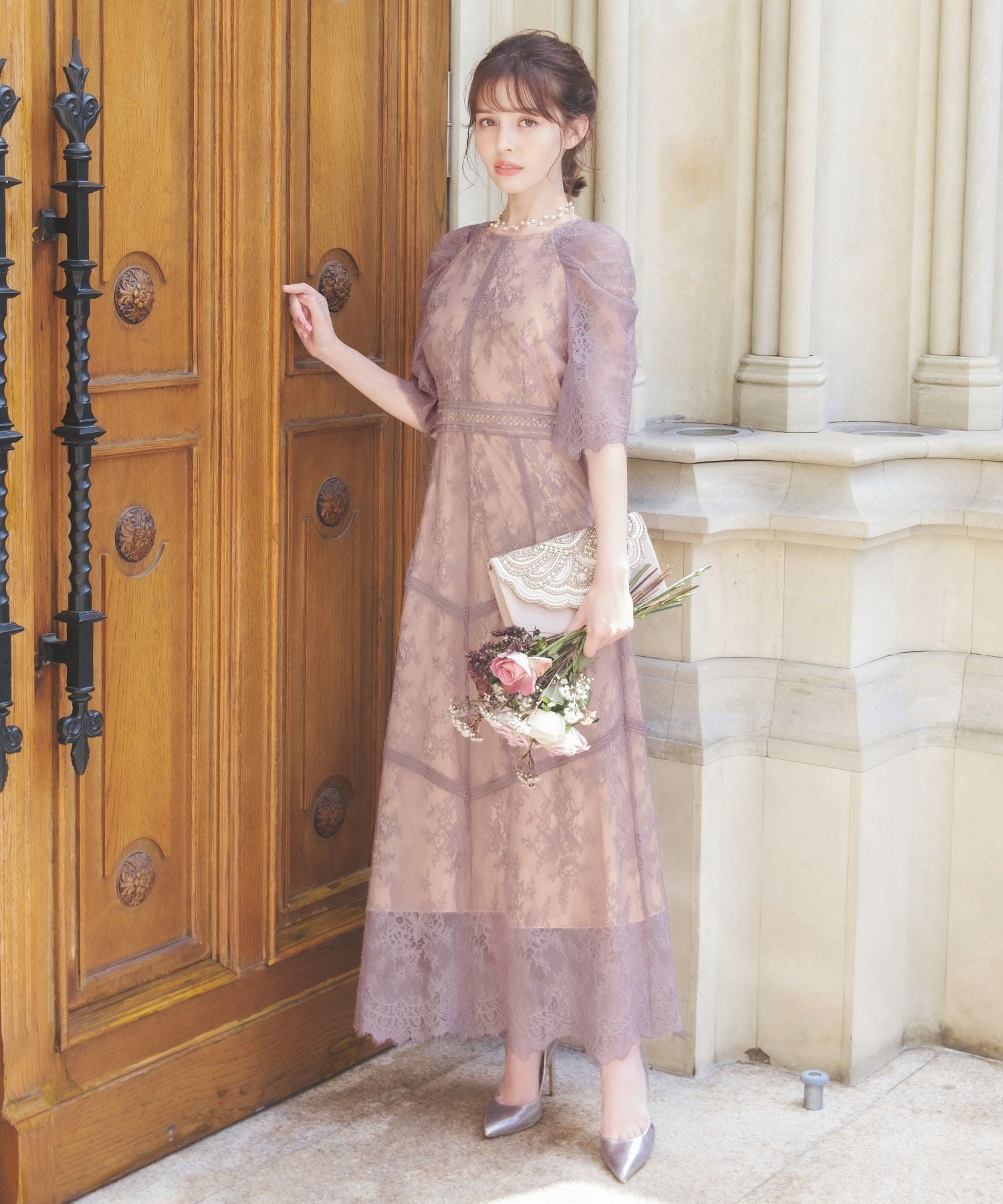 結婚式・お呼ばれ対応 | フラワー総レースフレアロングワンピース