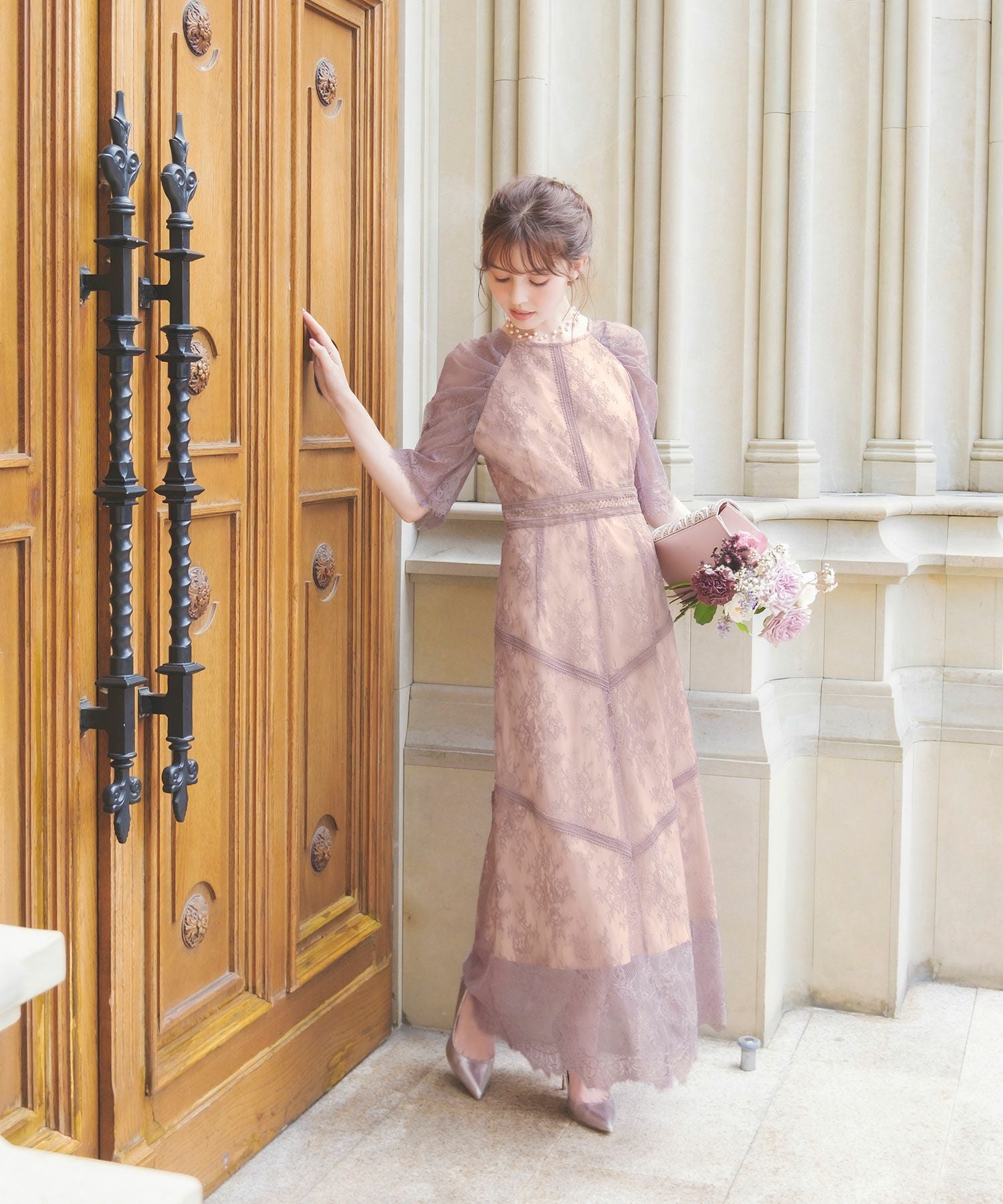 結婚式 ワンピース パーティードレス ドレス レース 花柄 プリーツ フレア 大 結婚式・お呼ばれ対応 | 刺繍レース切替えワンピース - パーティー