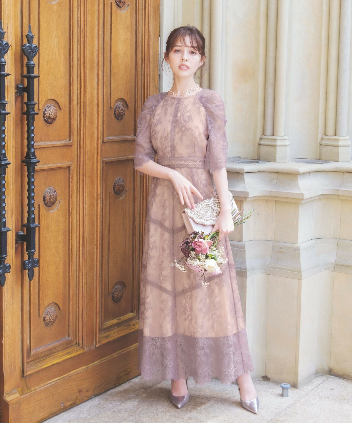 結婚式・お呼ばれ対応 | フラワー総レースフレアロングワンピース