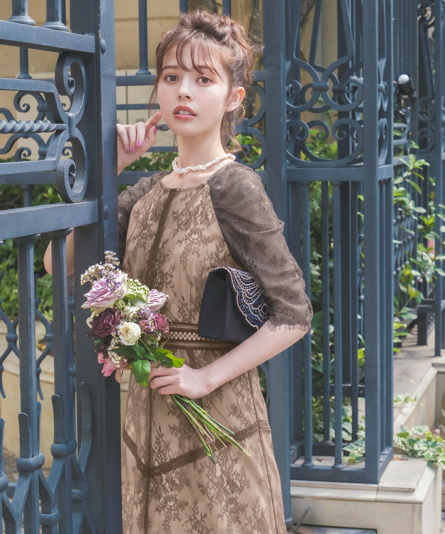 結婚式・お呼ばれ対応 | フラワー総レースフレアロングワンピース