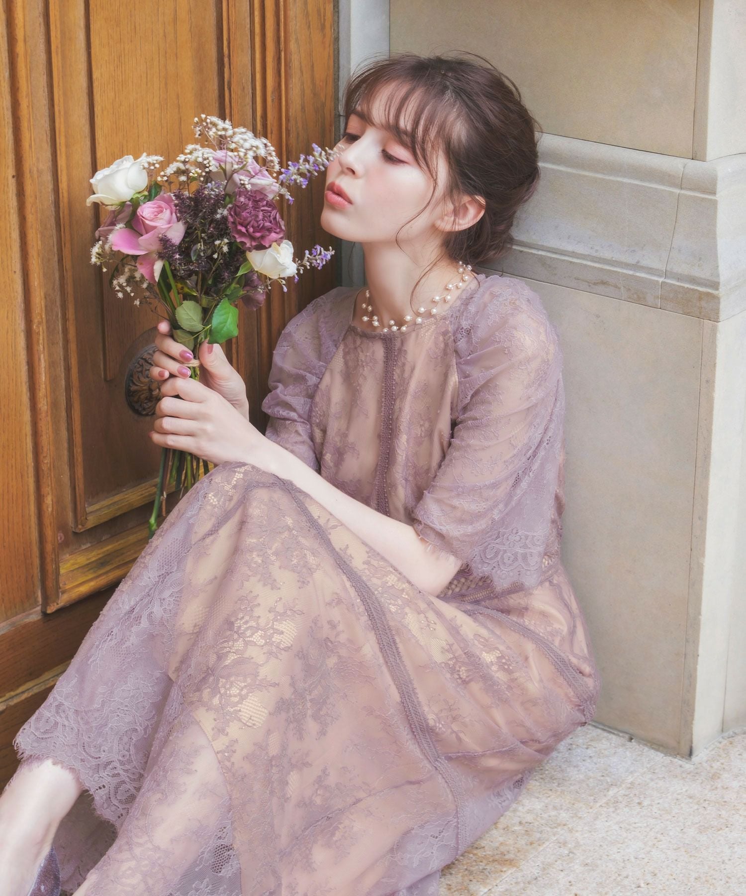 結婚式・お呼ばれ対応 | フラワー総レースフレアロングワンピース