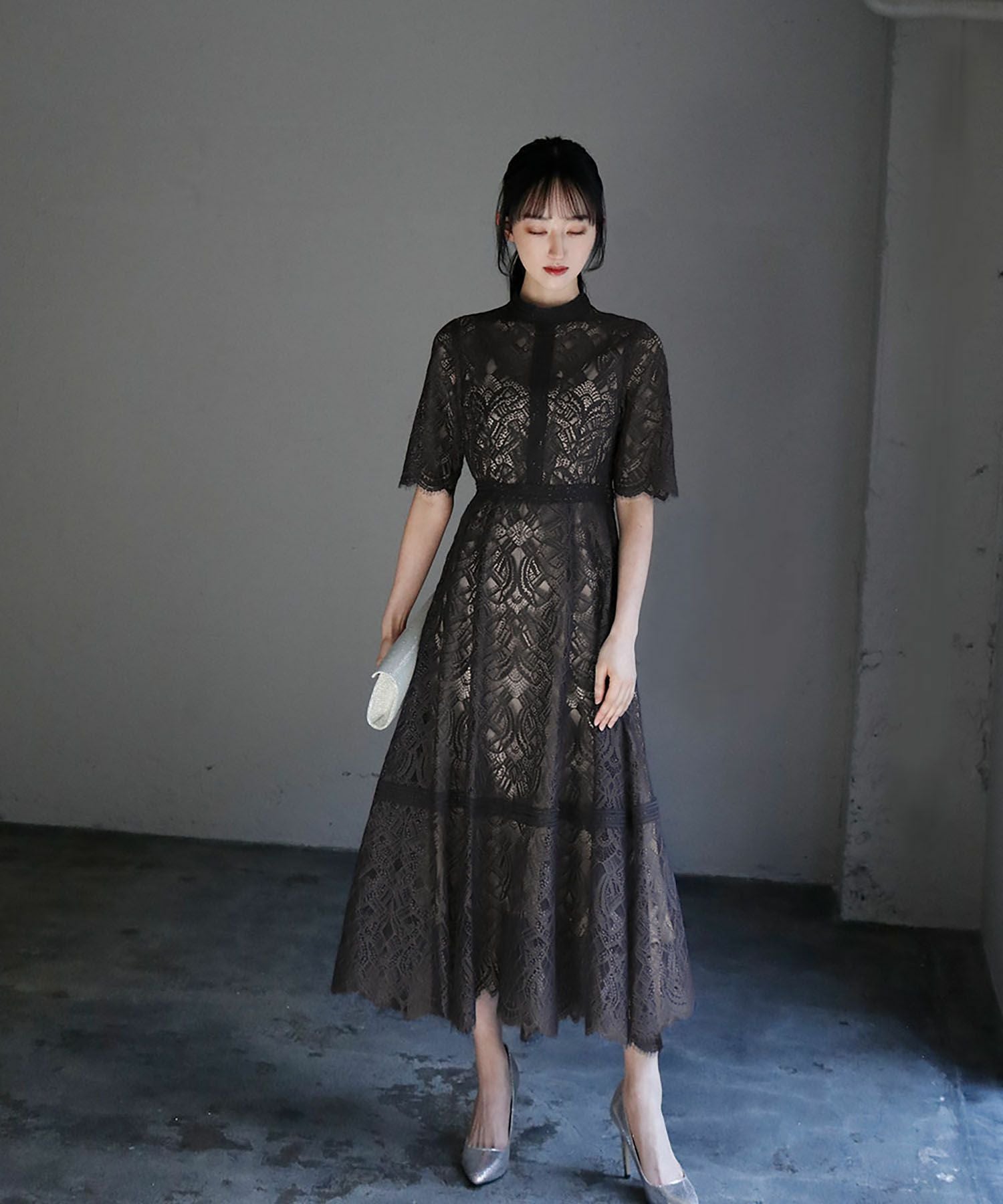 【定価26,000】スコットクラブ　レースドレス　ワンピース　結婚式　二次会　お宮参り等 セール】ハイネック5分袖総レース フレア ロング 結婚式 ワンピース