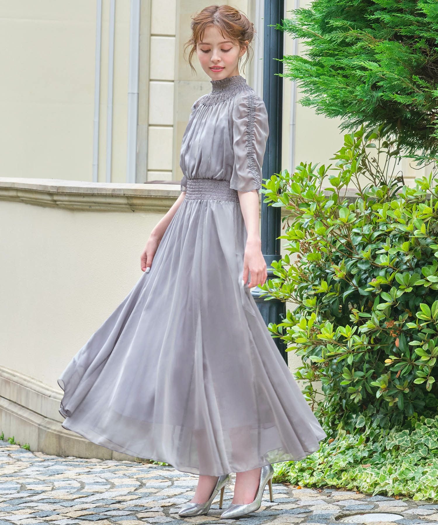 結婚式・お呼ばれ対応 | シフォンシャーリングハイネックドレス