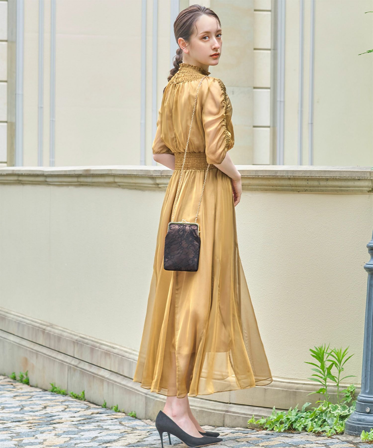 結婚式・お呼ばれ対応 | シフォンシャーリングハイネックドレス