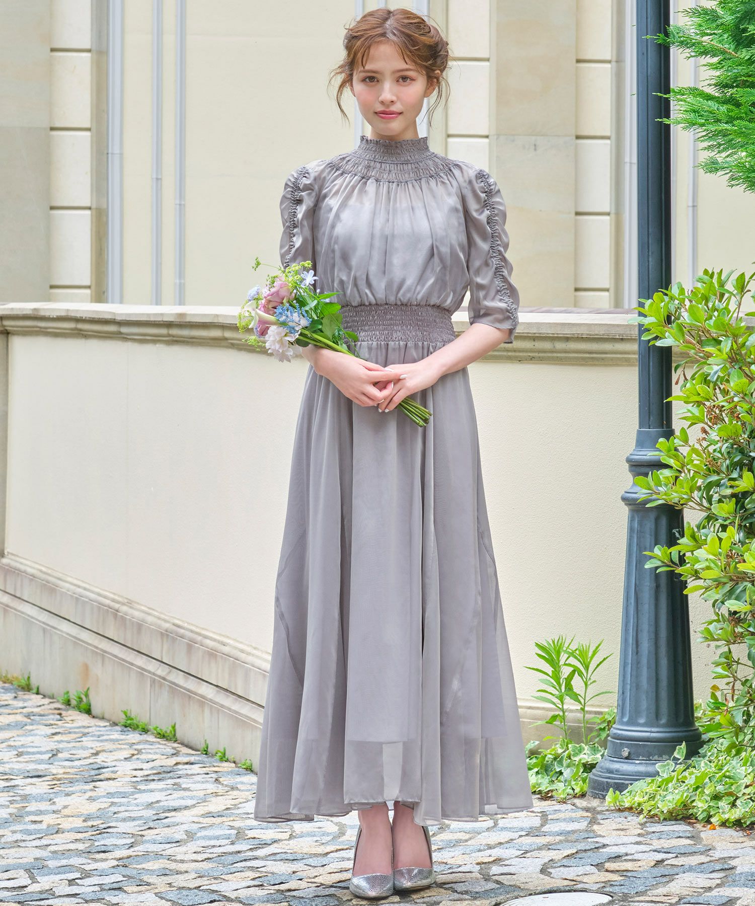 結婚式・お呼ばれ対応 | シフォンシャーリングハイネックドレス