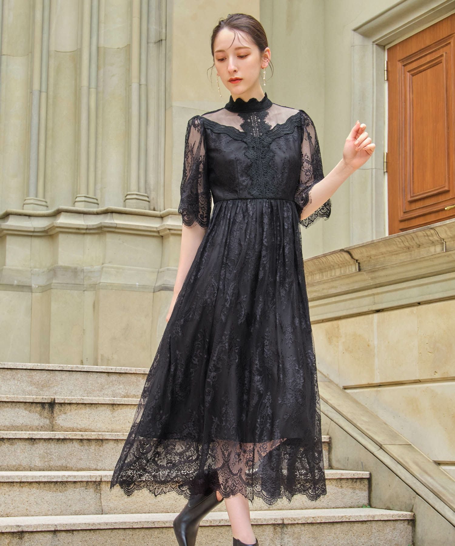 結婚式・お呼ばれ対応 | 総レースハイネックスカラップドレス