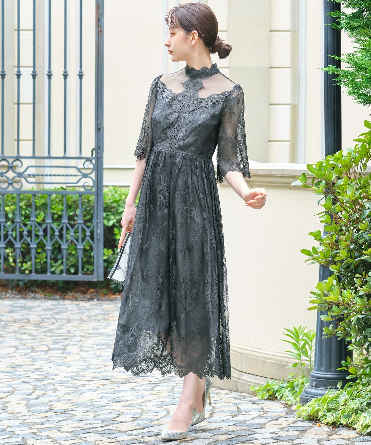 結婚式・お呼ばれ対応 | 総レースハイネックスカラップドレス