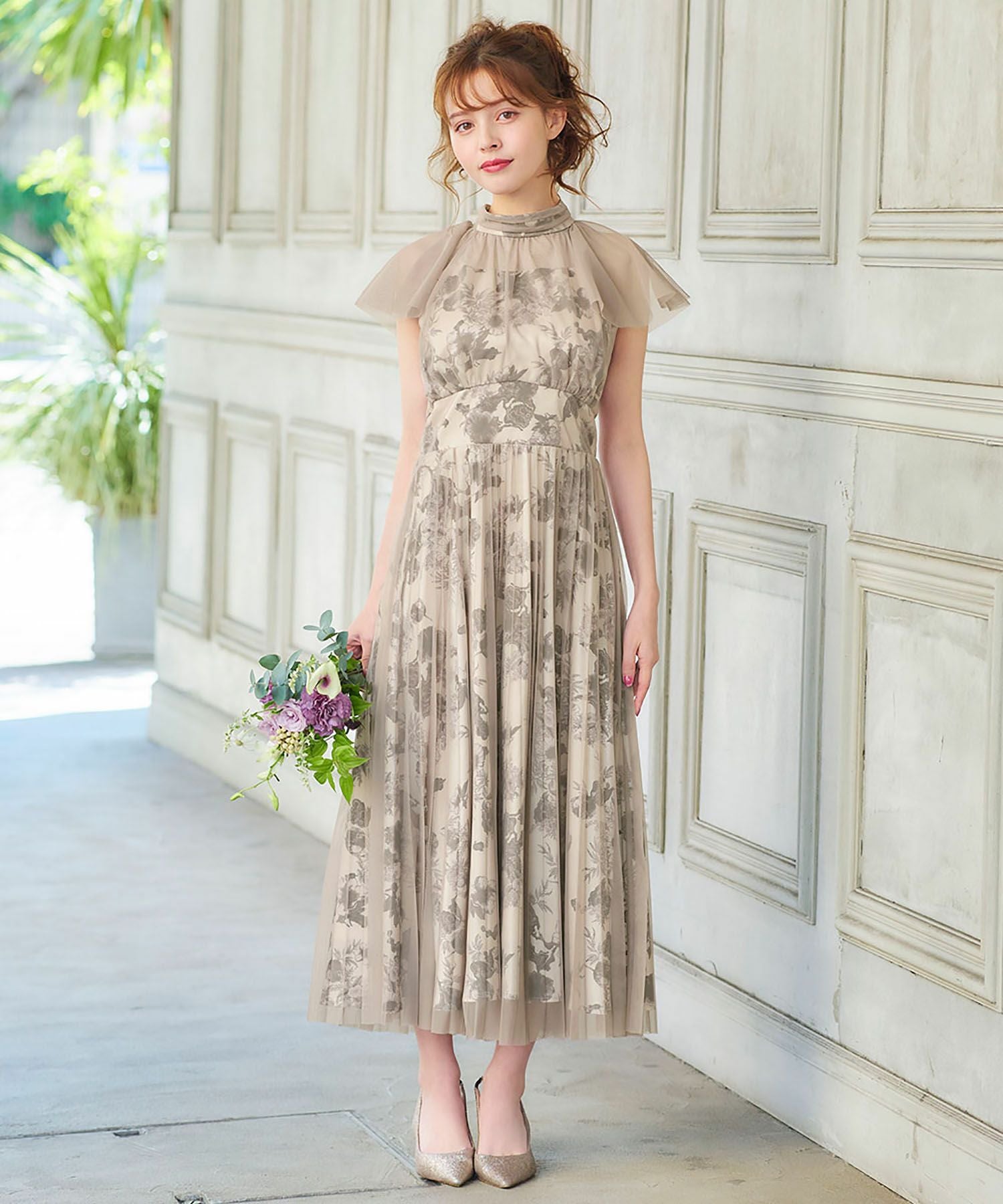 新品✨パーティードレス 七分丈 ロング ワンピース 花柄 結婚式 発表会 XL 結婚式・お呼ばれ対応 | 花柄プリントロングワンピースドレス