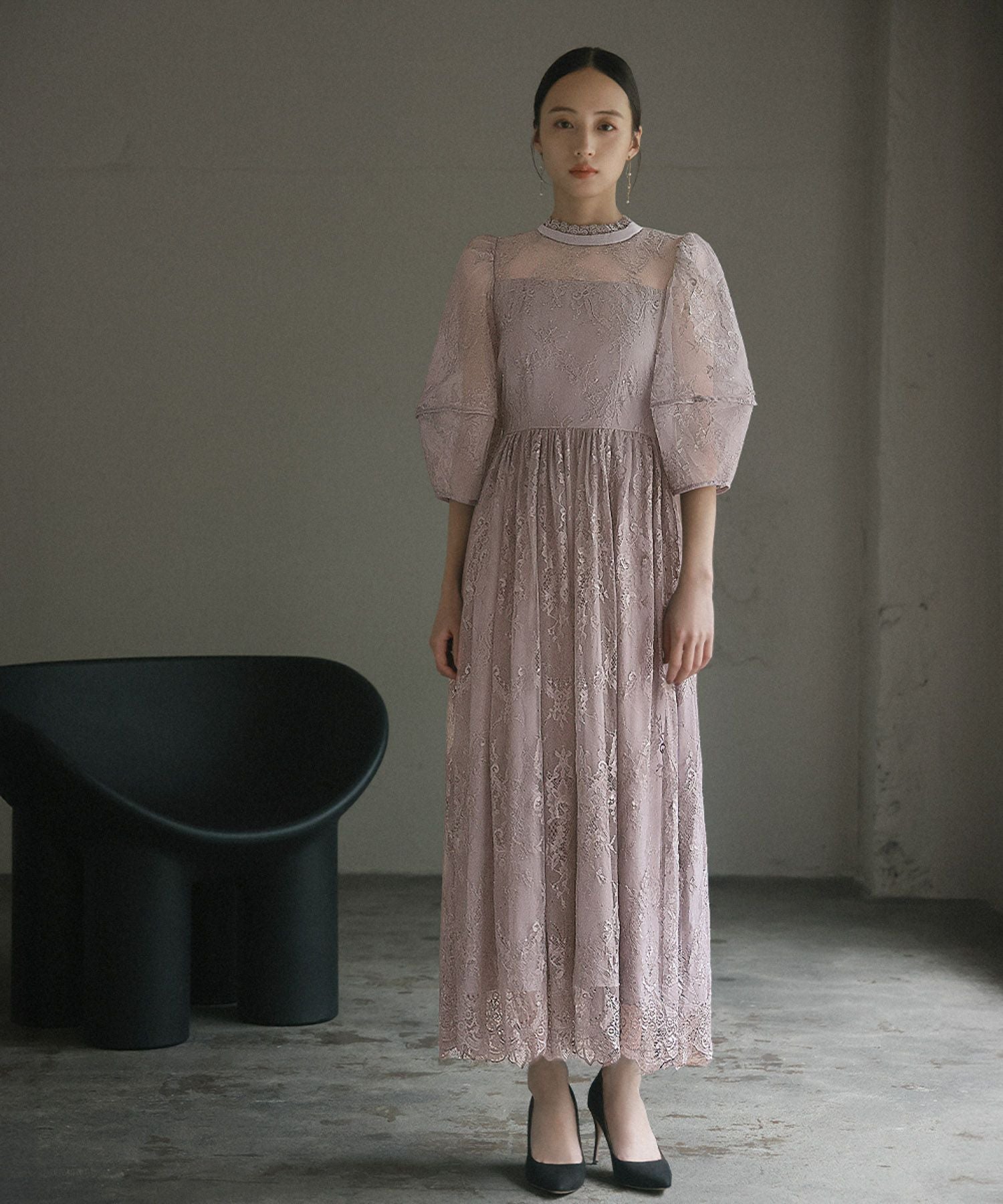 【新品】　GIRL　ランタンスリーブ　ロングワンピース　ドレス　ブルーグレー　L 結婚式・お呼ばれ対応 | ランタンスリーブ総レースドレス - パーティー