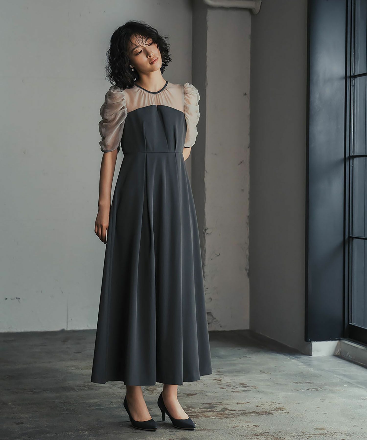 結婚式・お呼ばれ対応 | ギャザースリーブタックワンピースドレス