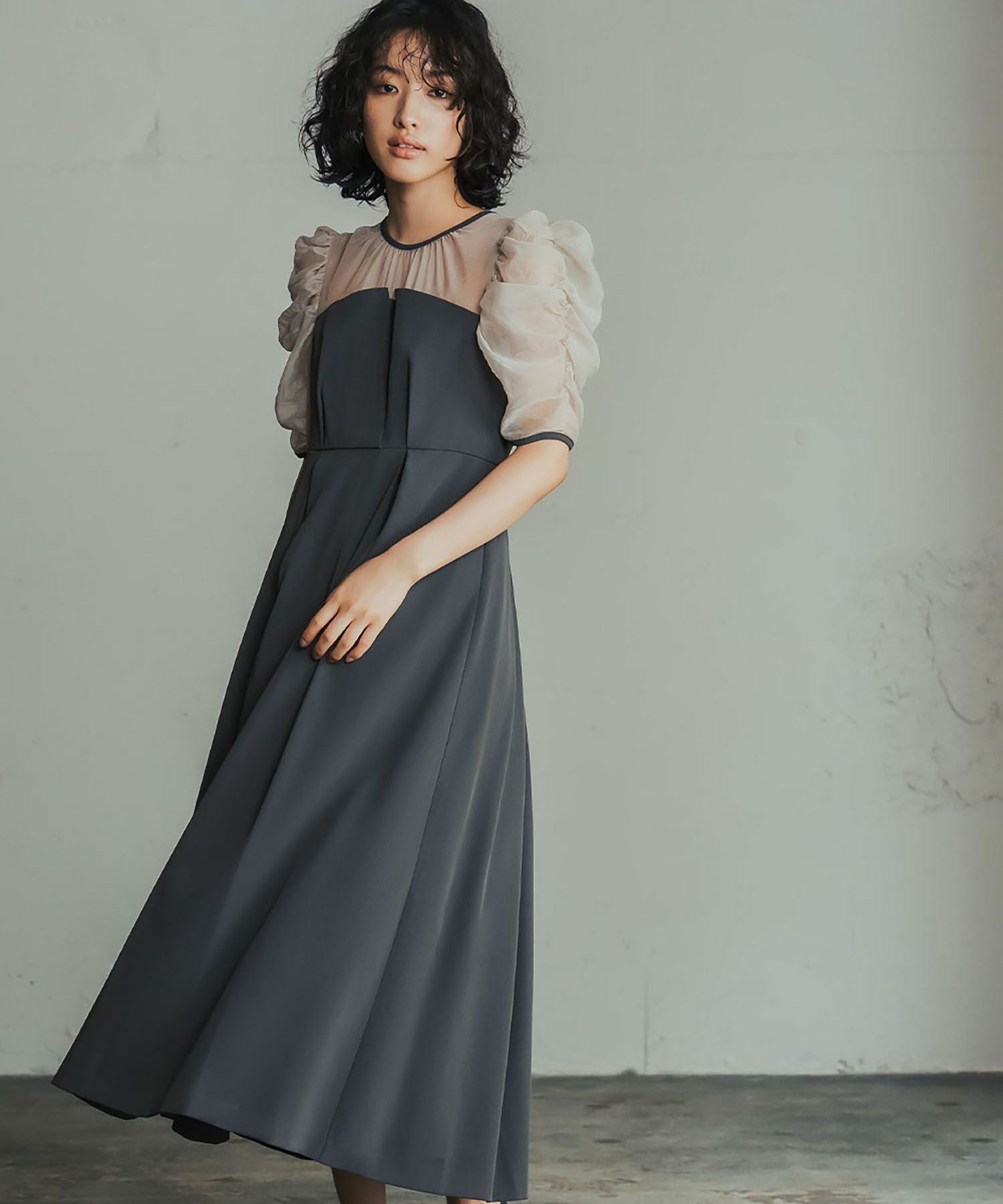 結婚式・お呼ばれ対応 | ギャザースリーブタックワンピースドレス