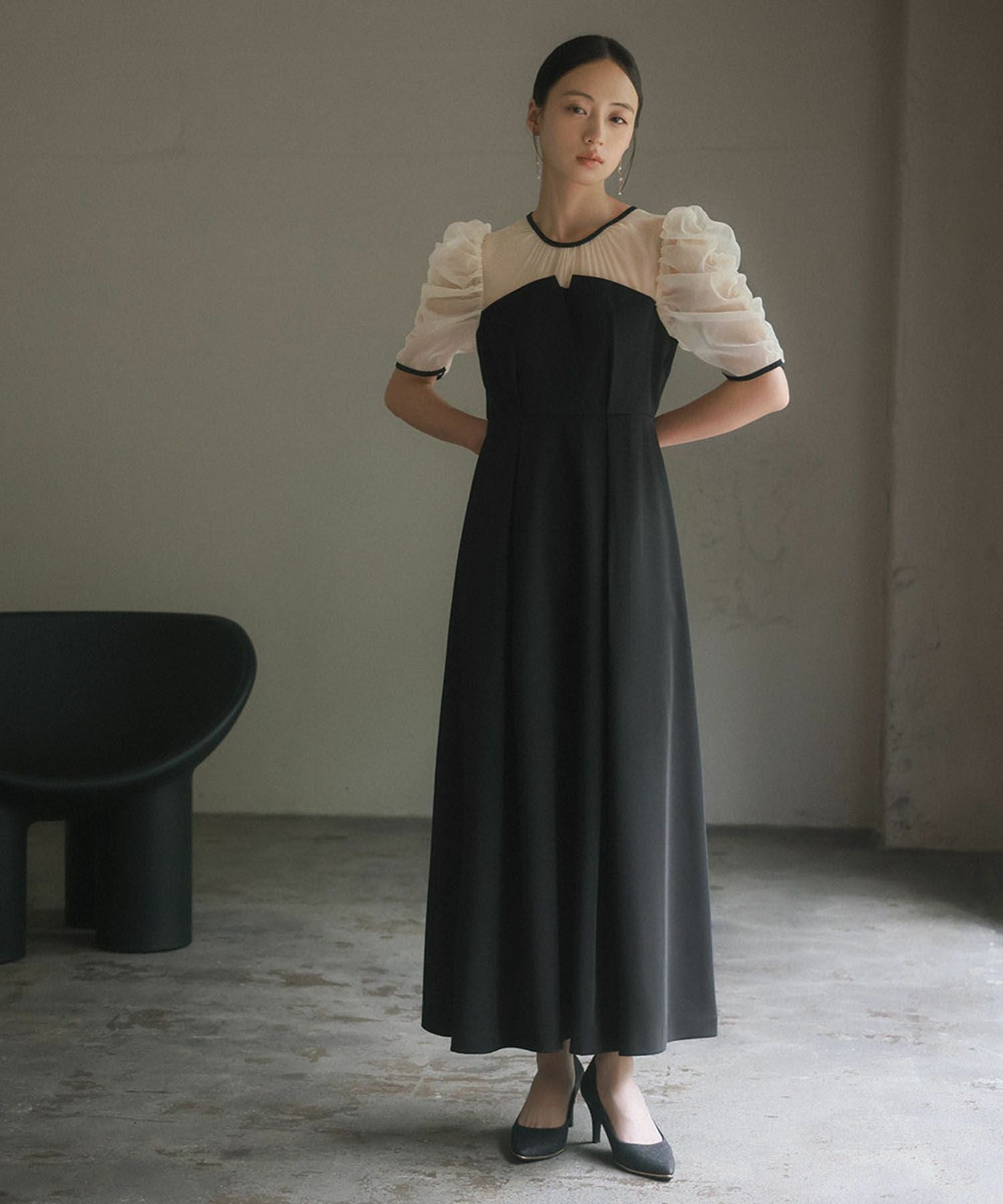 結婚式・お呼ばれ対応 | ギャザースリーブタックワンピースドレス