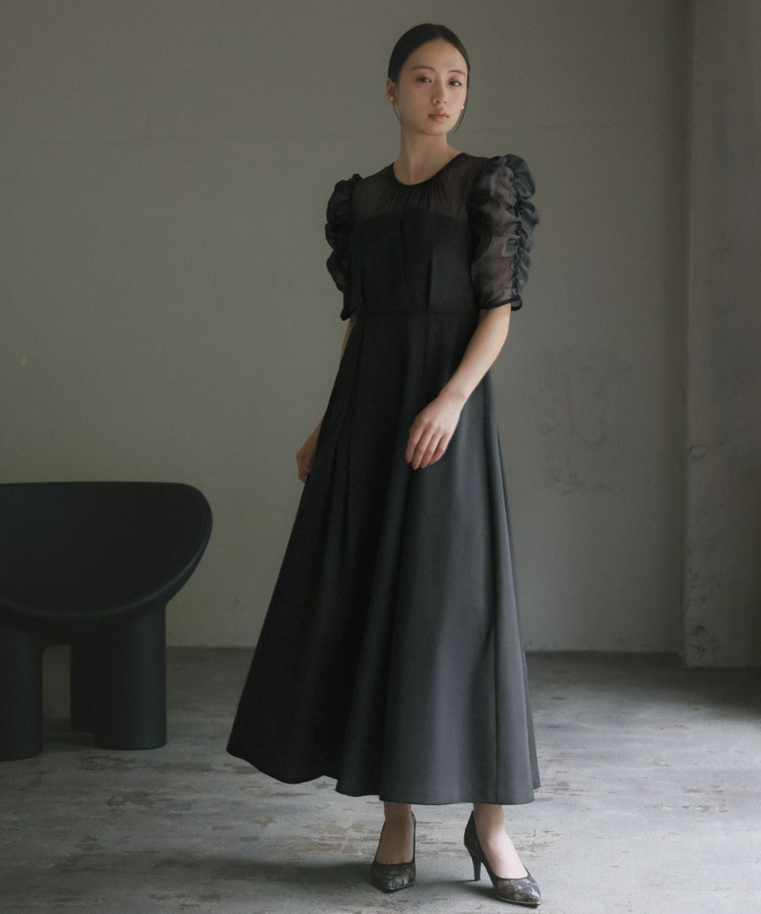 結婚式・お呼ばれ対応 | ギャザースリーブタックワンピースドレス