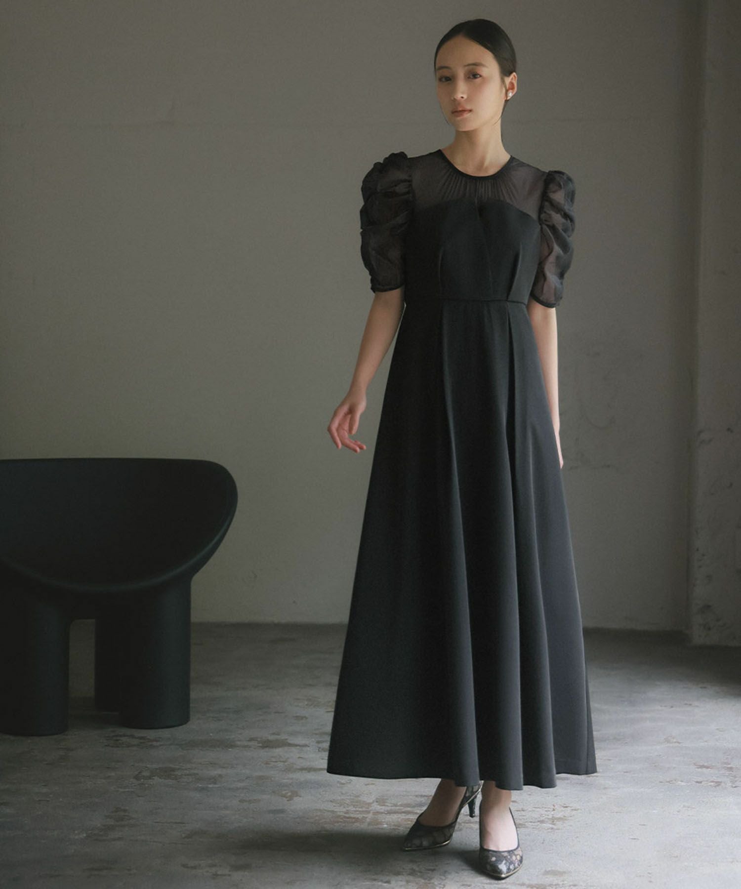 結婚式・お呼ばれ対応 | ギャザースリーブタックワンピースドレス