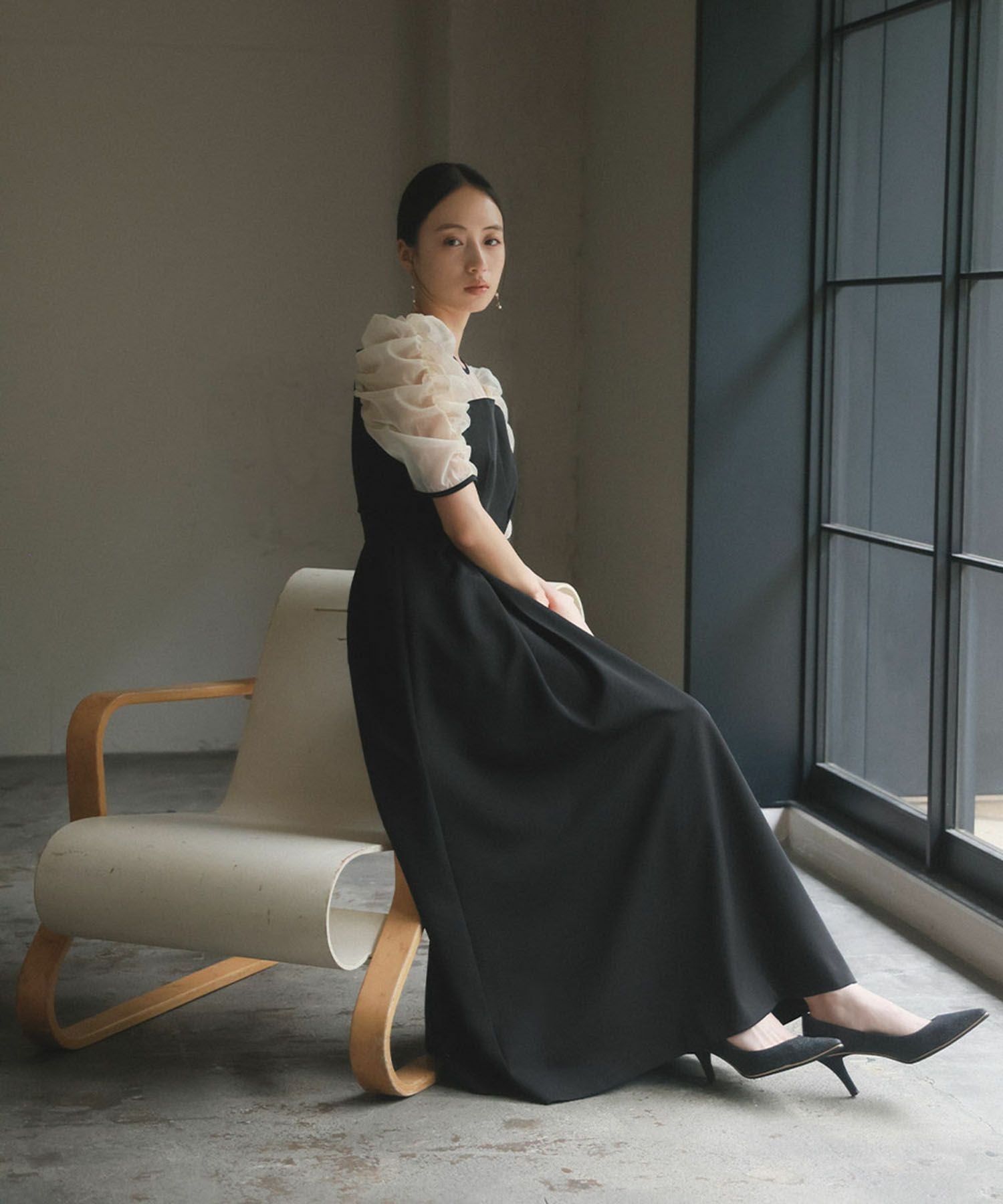 結婚式・お呼ばれ対応 | ギャザースリーブタックワンピースドレス