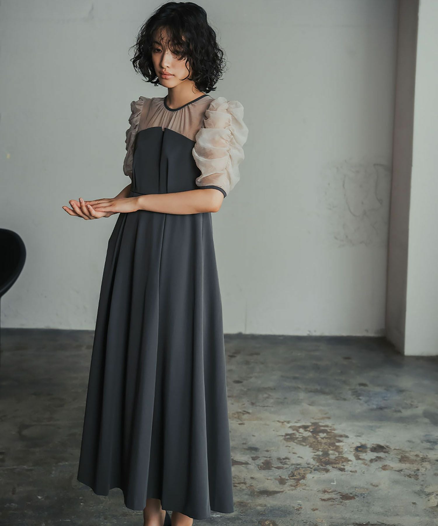 結婚式・お呼ばれ対応 | ギャザースリーブタックワンピースドレス