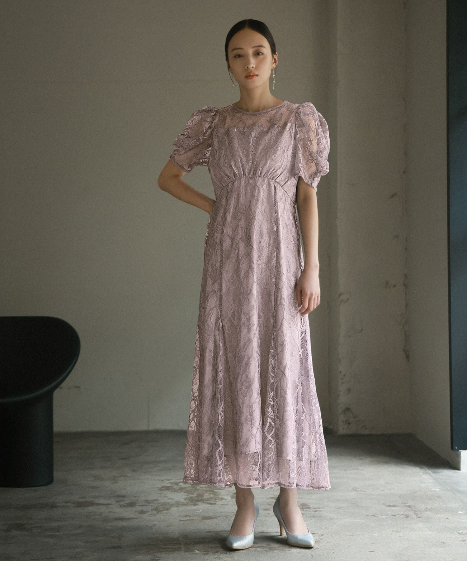 【美品】GIRL パフスリーブ総レースフレアロングワンピース　ピンクベージュ 結婚式・お呼ばれ対応 | 総レースワンピースドレス - パーティードレス