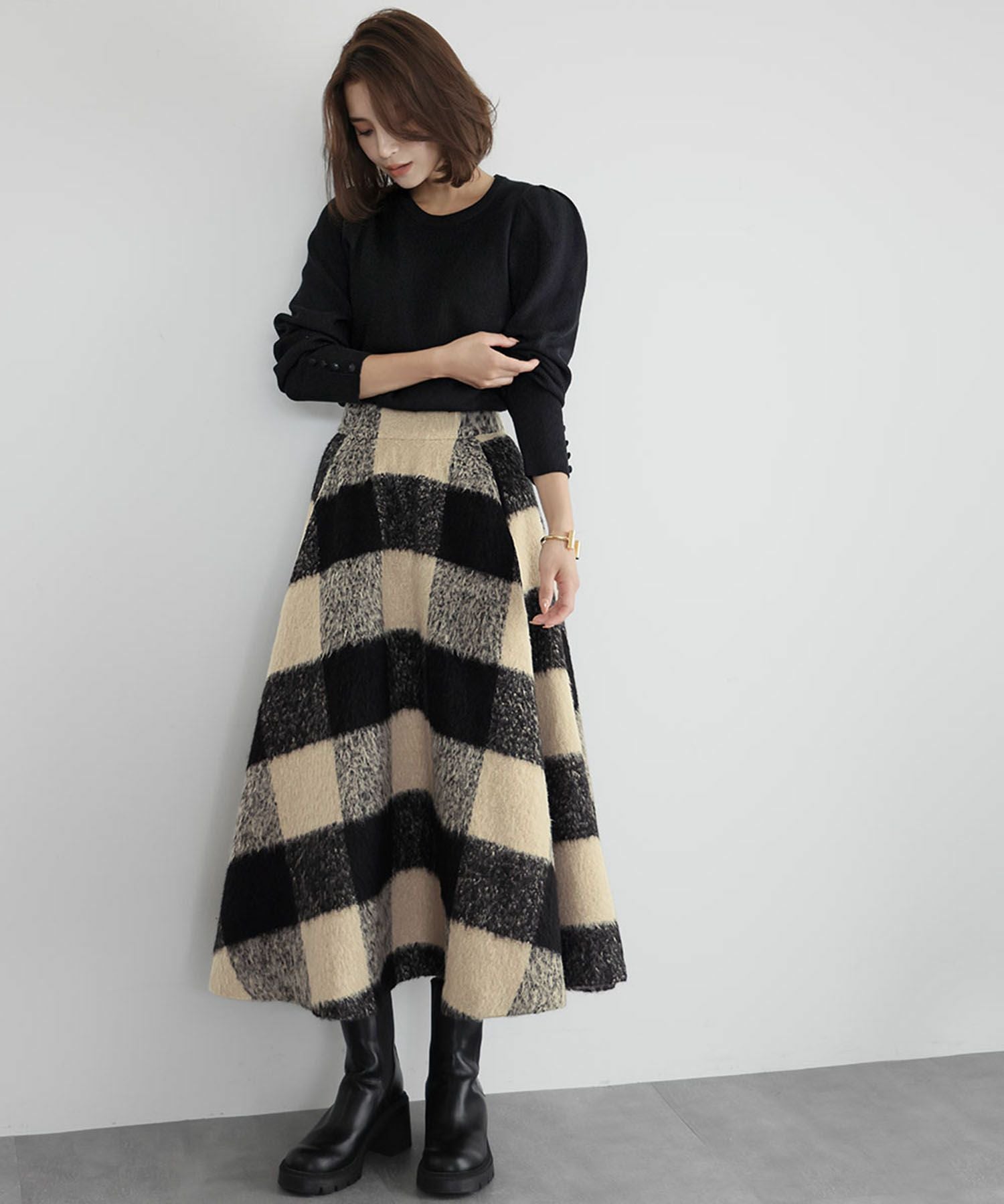 デイリー・カジュアル対応 | ブロックチェックミモレ丈スカート