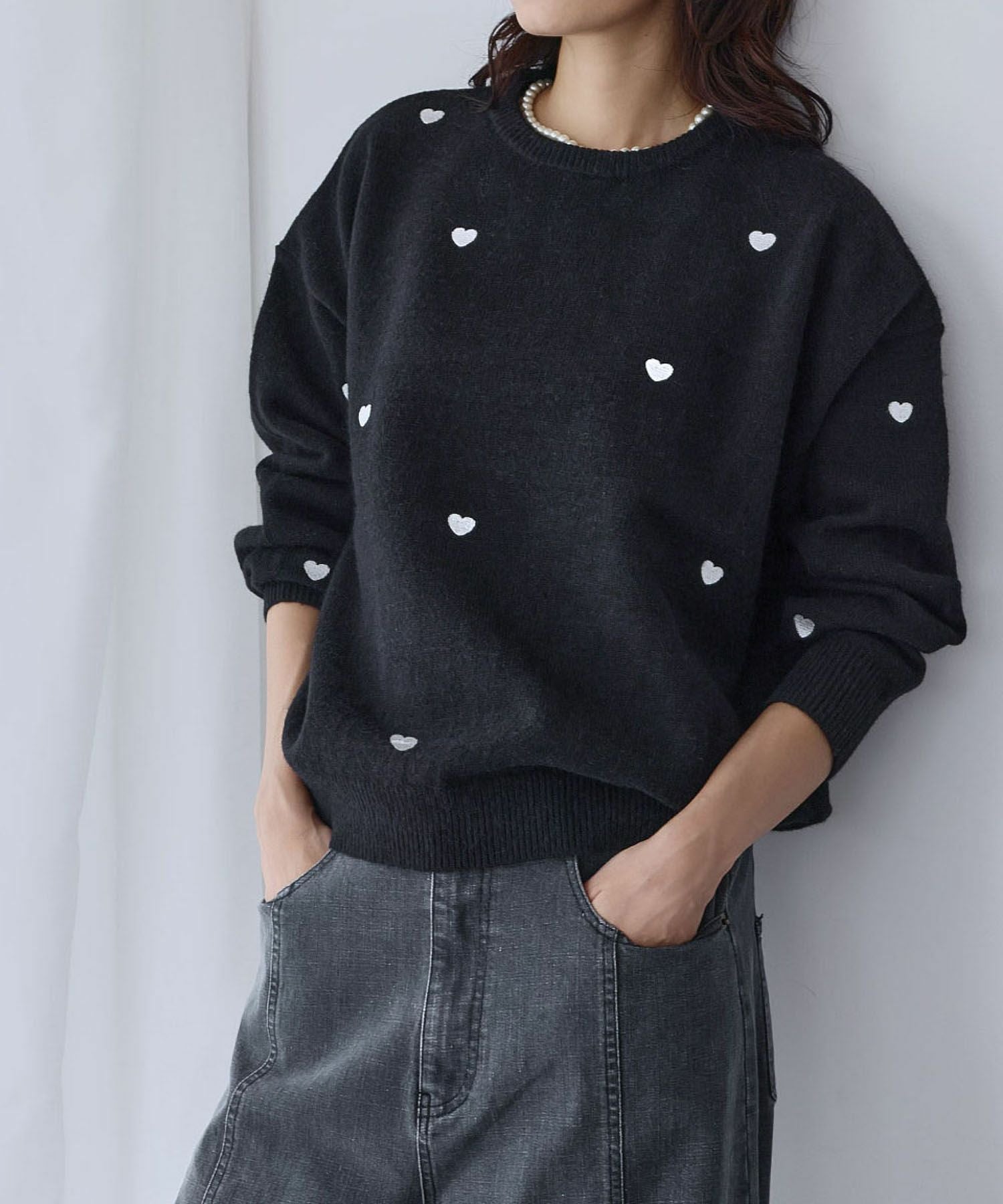 デイリー・カジュアル対応 | ハート柄刺繍ニットプルオーバー