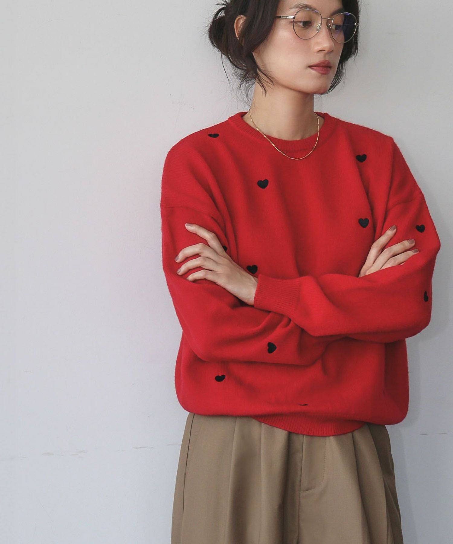 デイリー・カジュアル対応 | ハート柄刺繍ニットプルオーバー