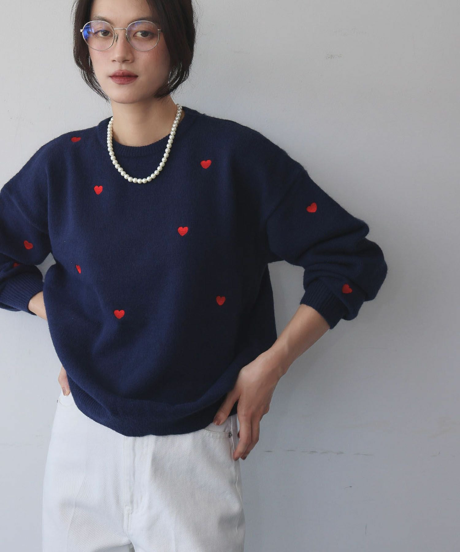 肩刺繍プリントニットプルオーバー デイリー・カジュアル対応 | ハート柄刺繍ニットプルオーバー