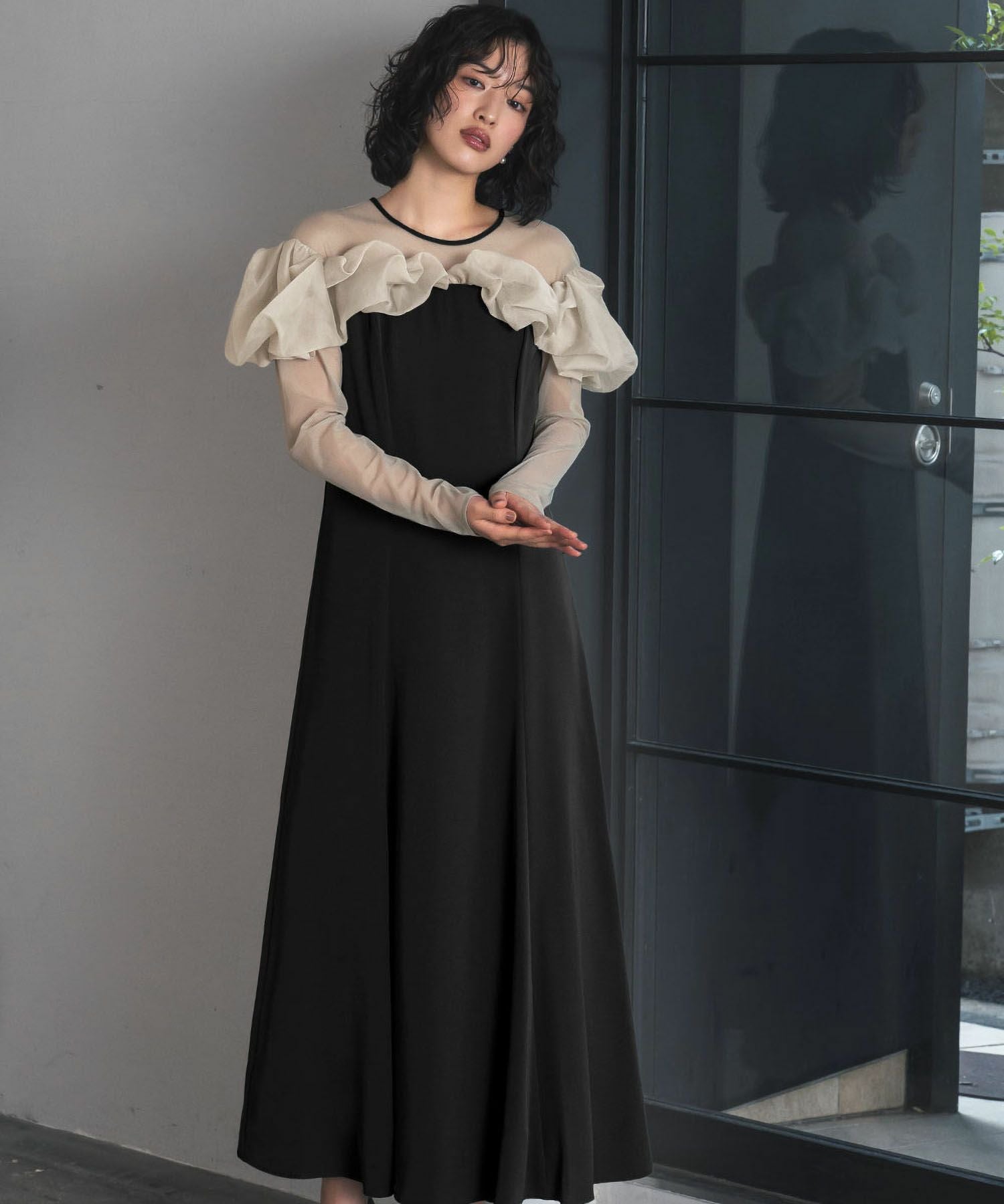 結婚式・お呼ばれ対応 | チュールフリルスリーブパーティードレス