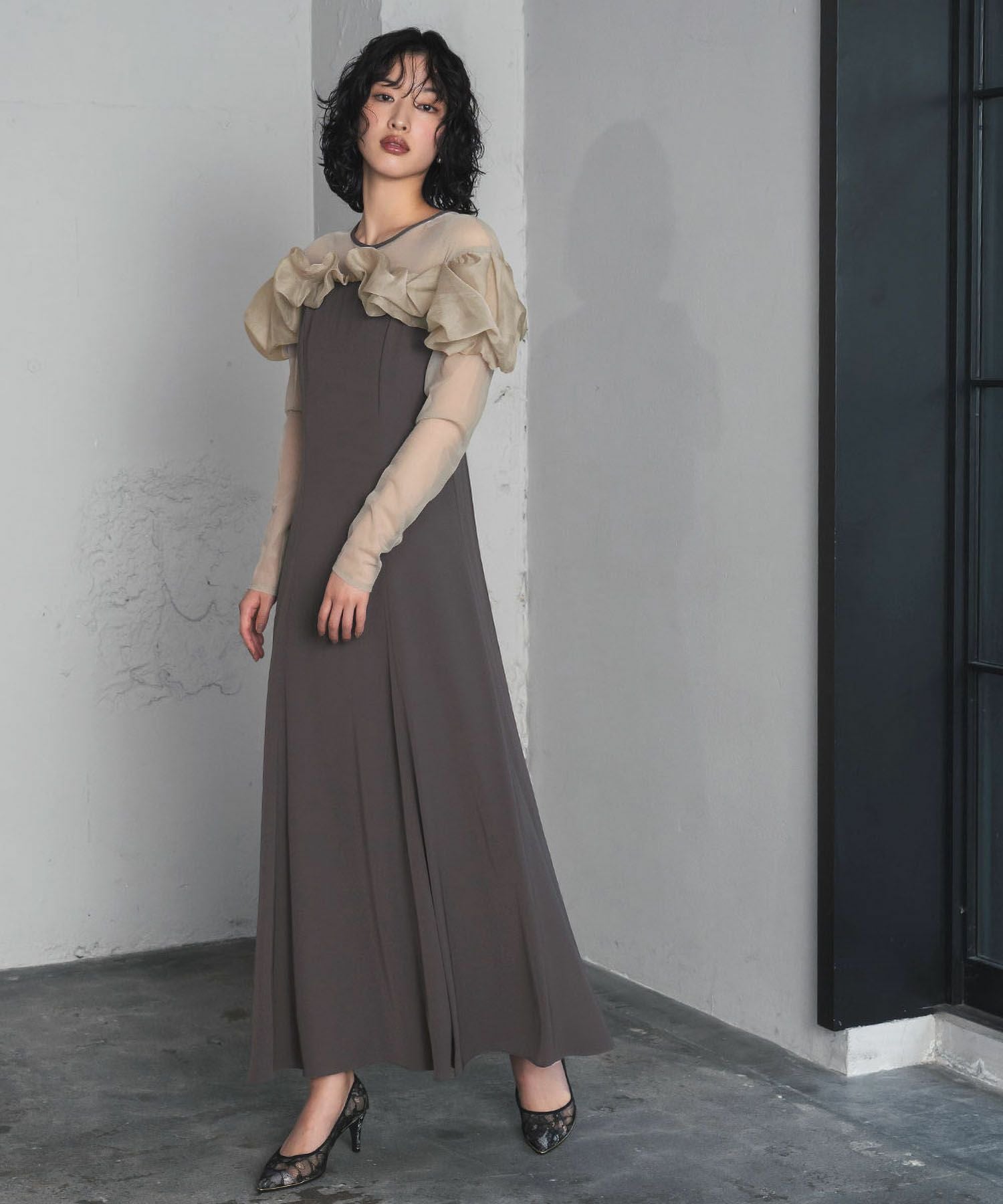 結婚式・お呼ばれ対応 | チュールフリルスリーブパーティードレス