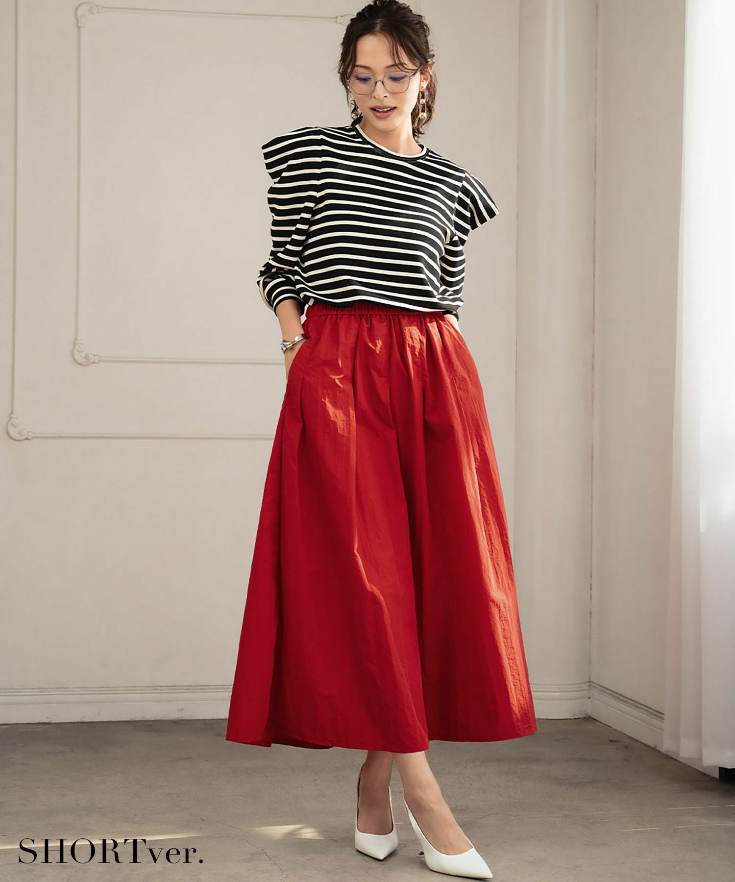 デイリー・カジュアル対応 | タフタギャザーミモレ丈スカート