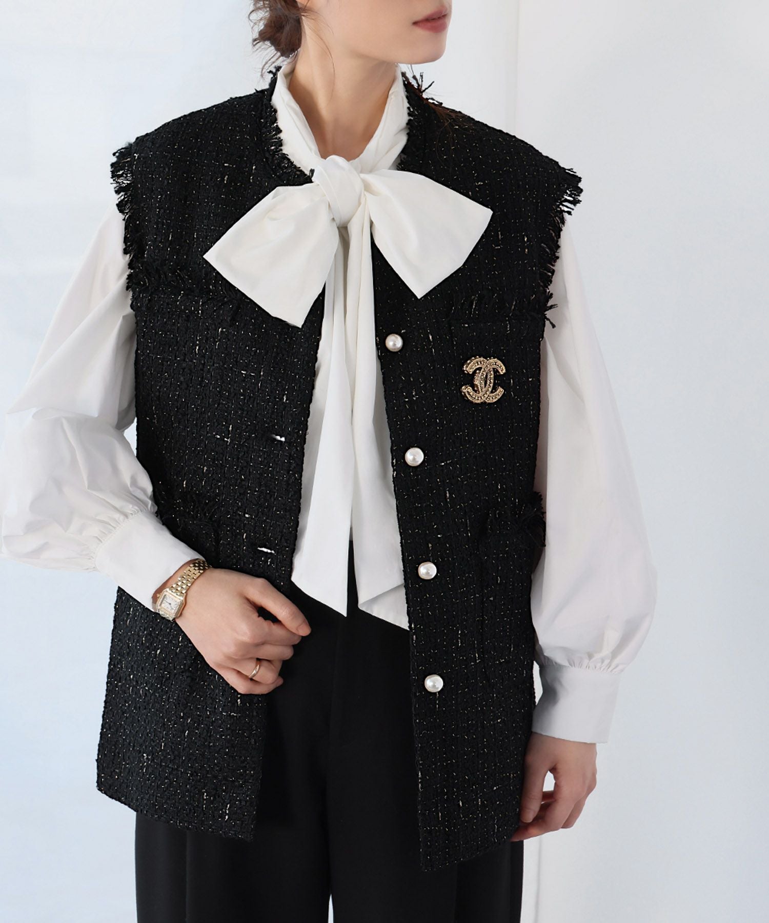 デイリー・カジュアル対応 | パールボタンツイードフリンジベスト