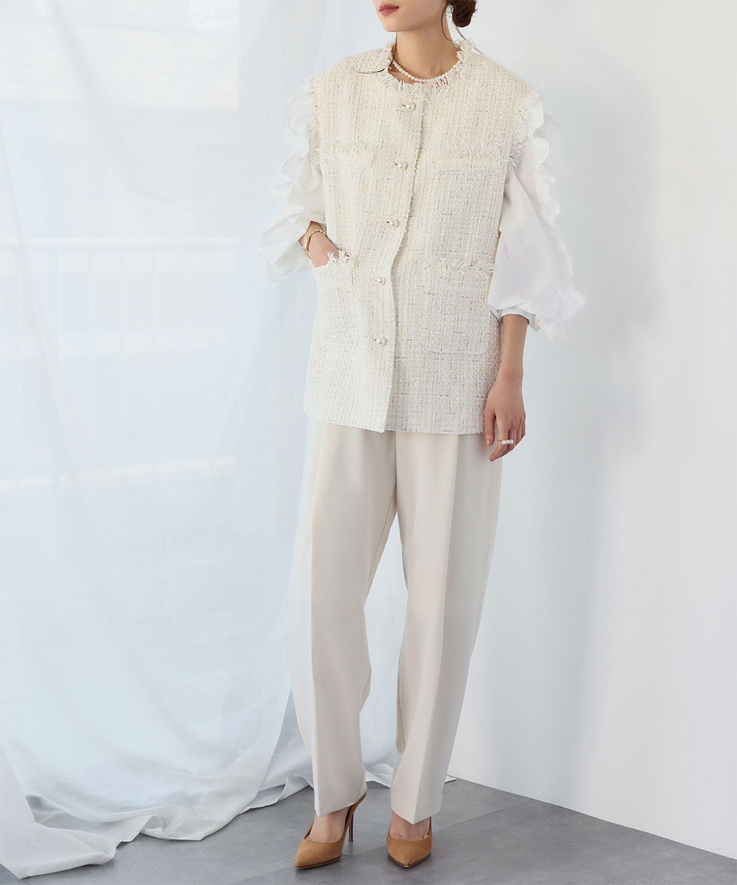 デイリー・カジュアル対応 | パールボタンツイードフリンジベスト