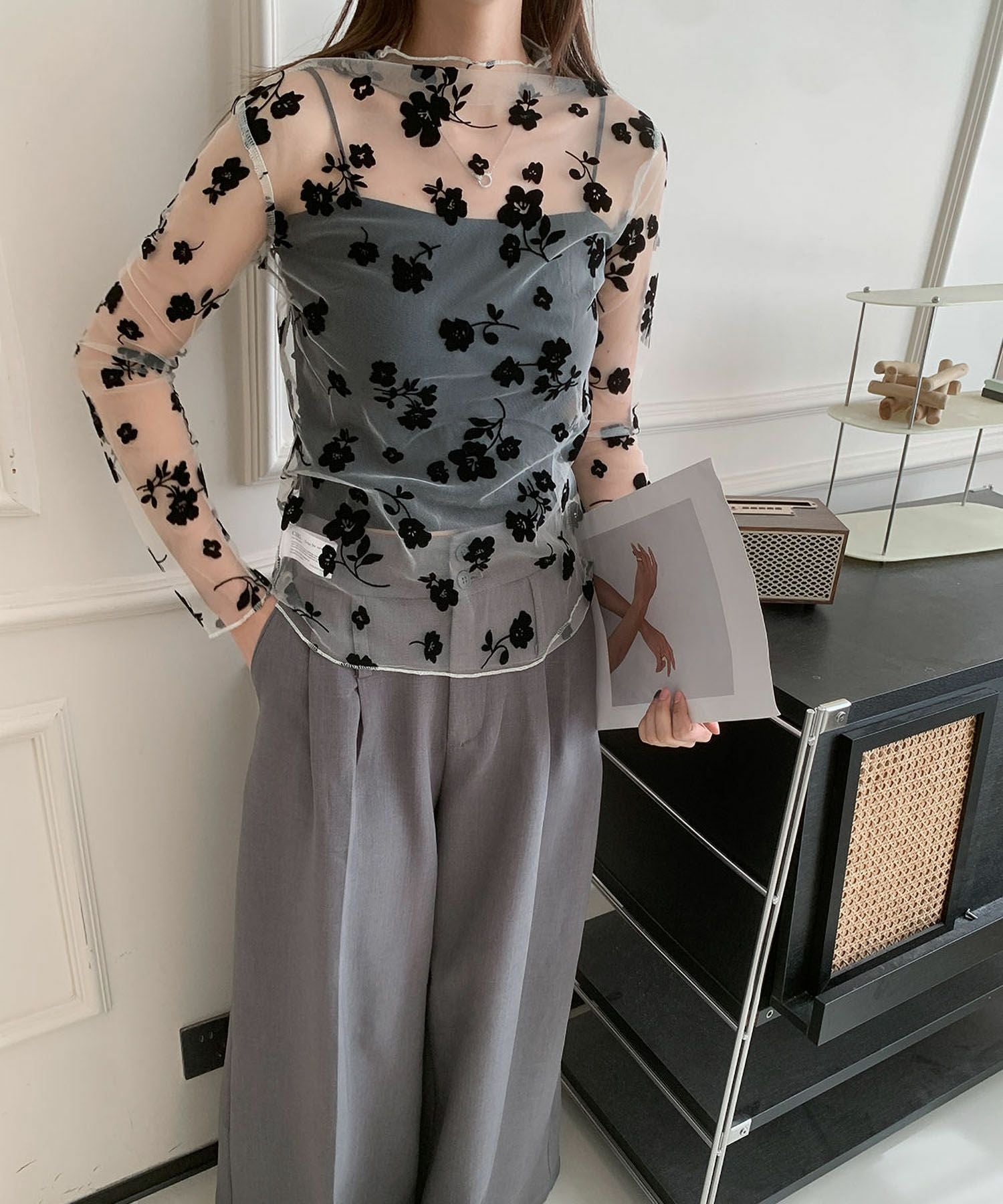 INGEBORG インゲボルグ 花柄 パワーネット　チュール　シアー　トップス 結婚式・お呼ばれ対応 | 花柄プリントチュールシアートップス