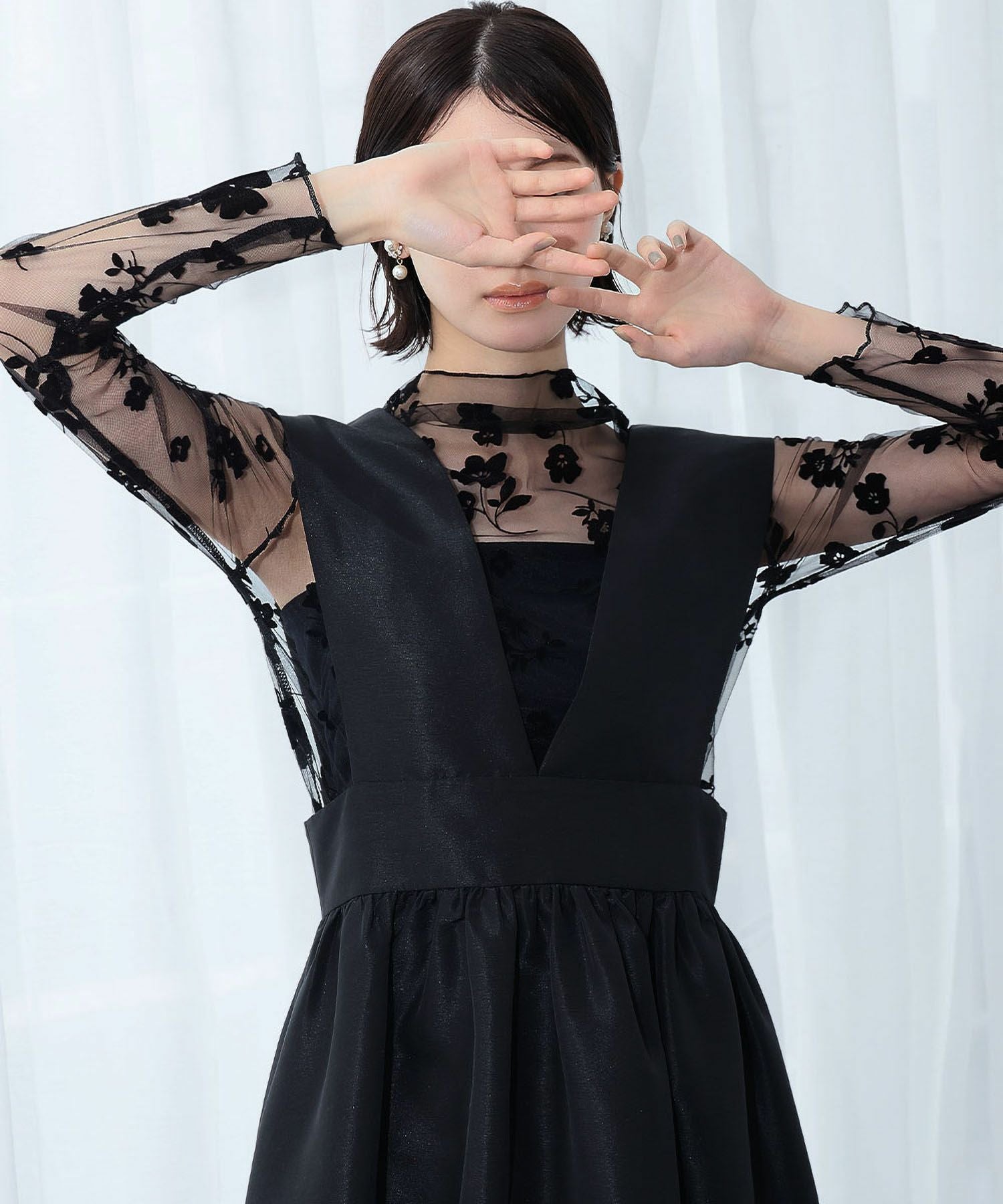 INGEBORG インゲボルグ 花柄 パワーネット　チュール　シアー　トップス セール】花柄ニュアンス長袖メッシュパワーネットハイネックシアー